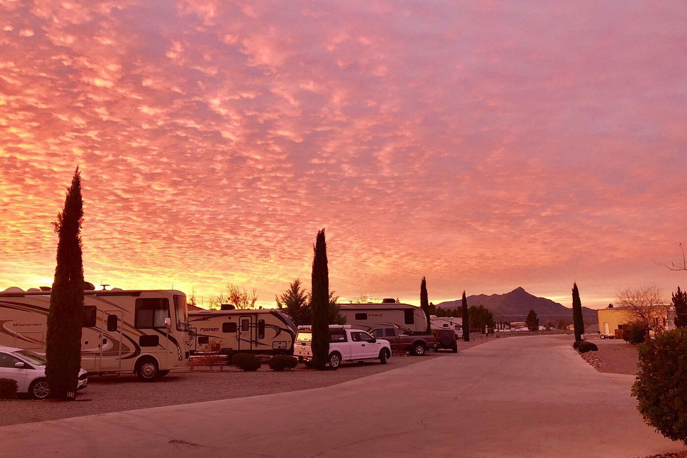 Elephant Butte Lake RV Resort, Elephant Butte, New Mexico, with sun rising on RV park area