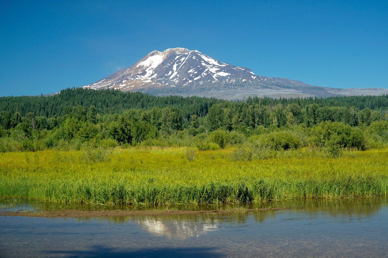 Elk Meadows RV Park, Trout Lake, Washington, Trout Lake in the foreground and Mount Adams in the background