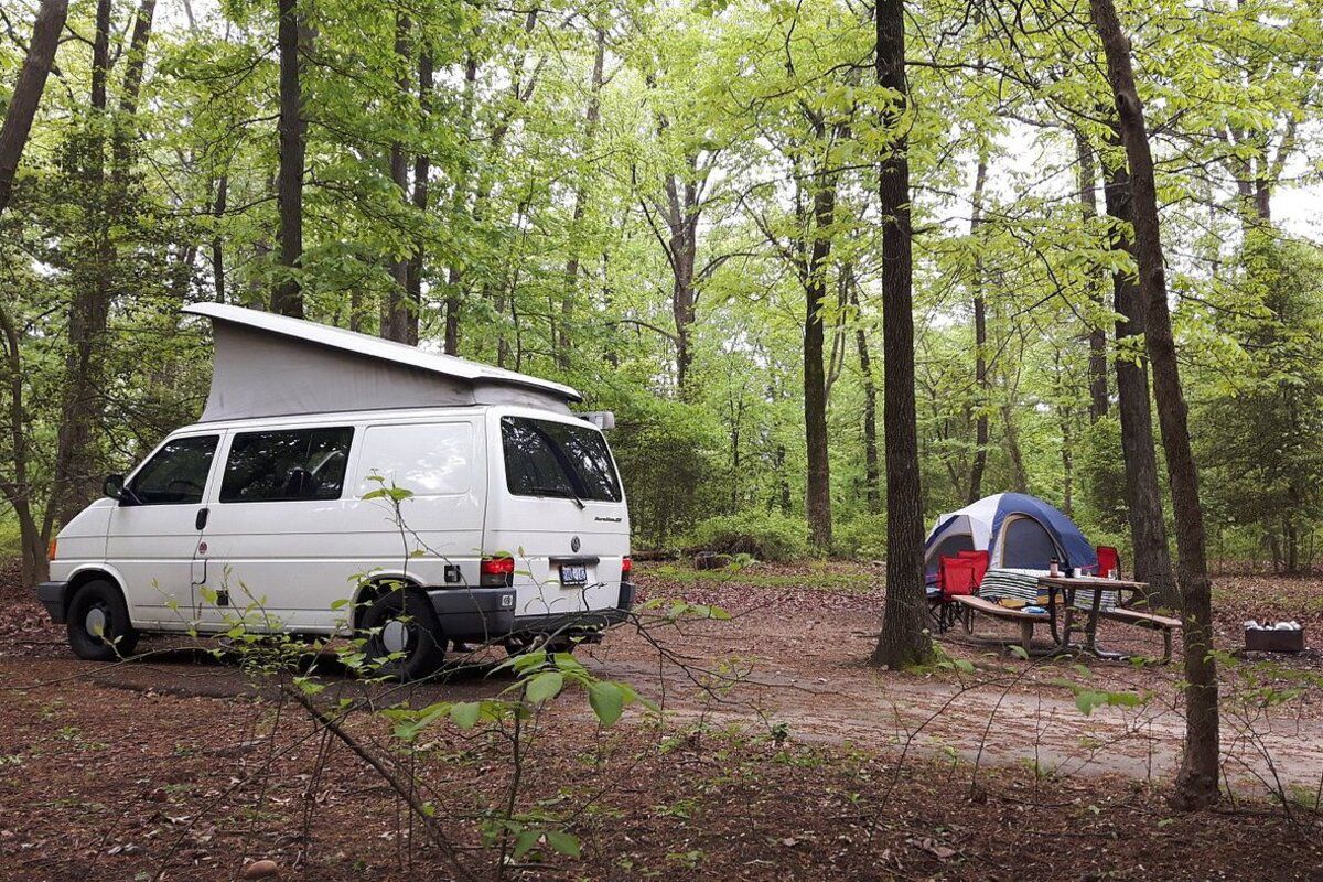 Greenbelt Park, Greenbelt, Maryland, camper van and tent in RV lot