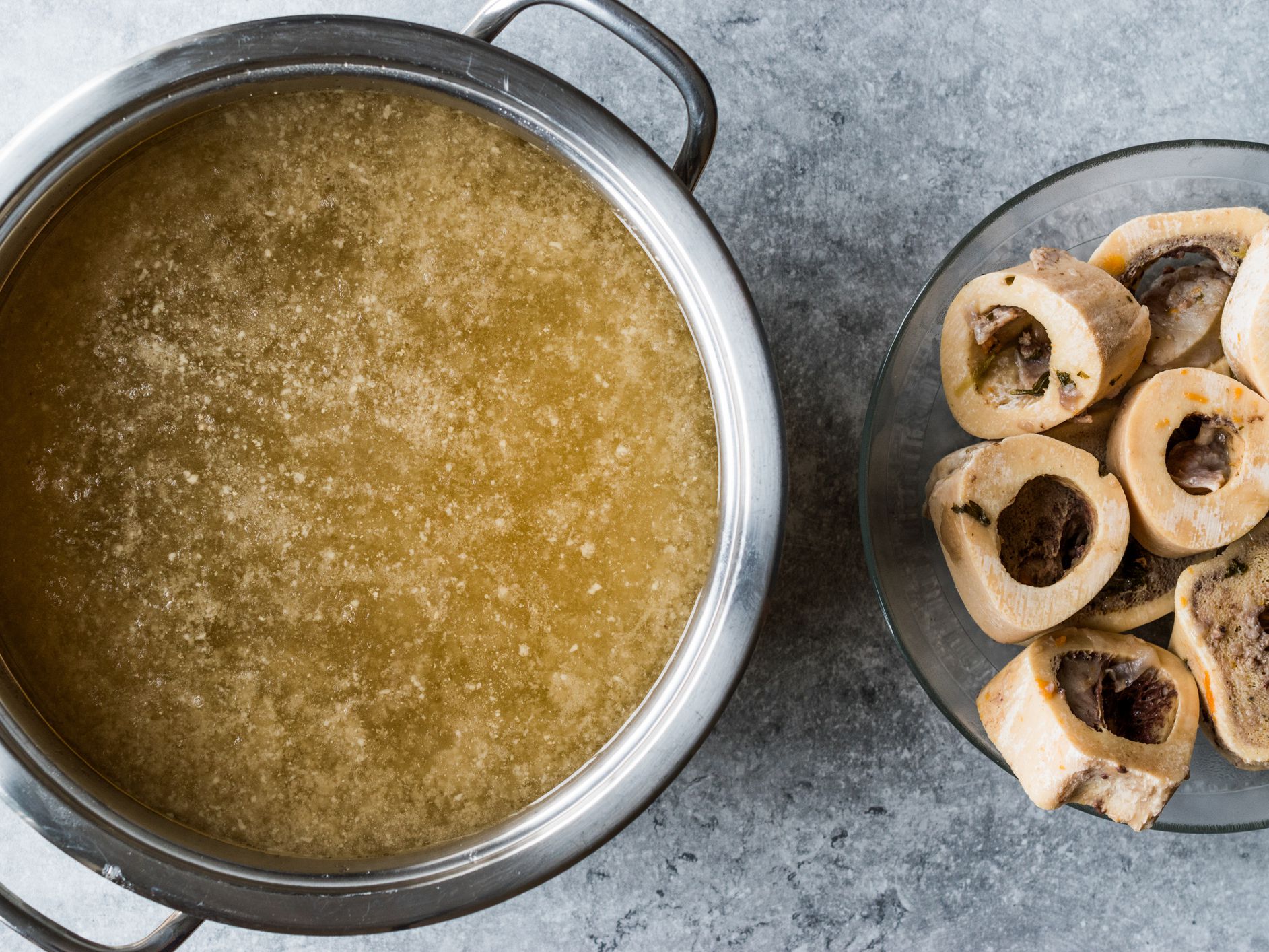 Bone Broth Bouillon in Metal Pan. Organic Food.