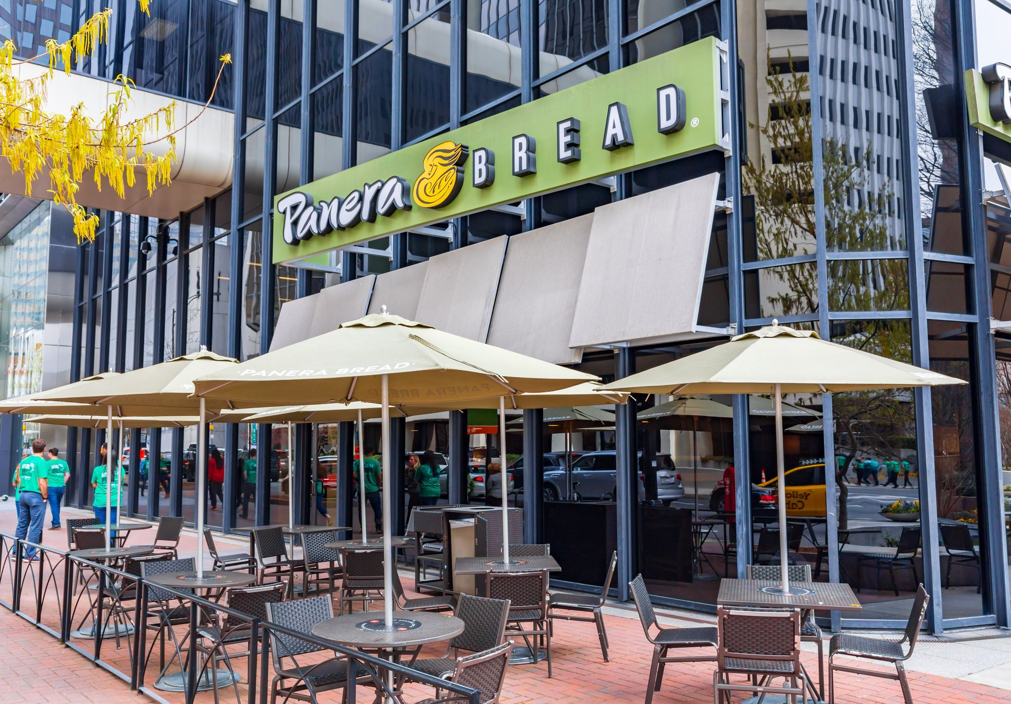 Panera Bread restaurant in uptown Charlotte, North Carolina with sidewalk seating