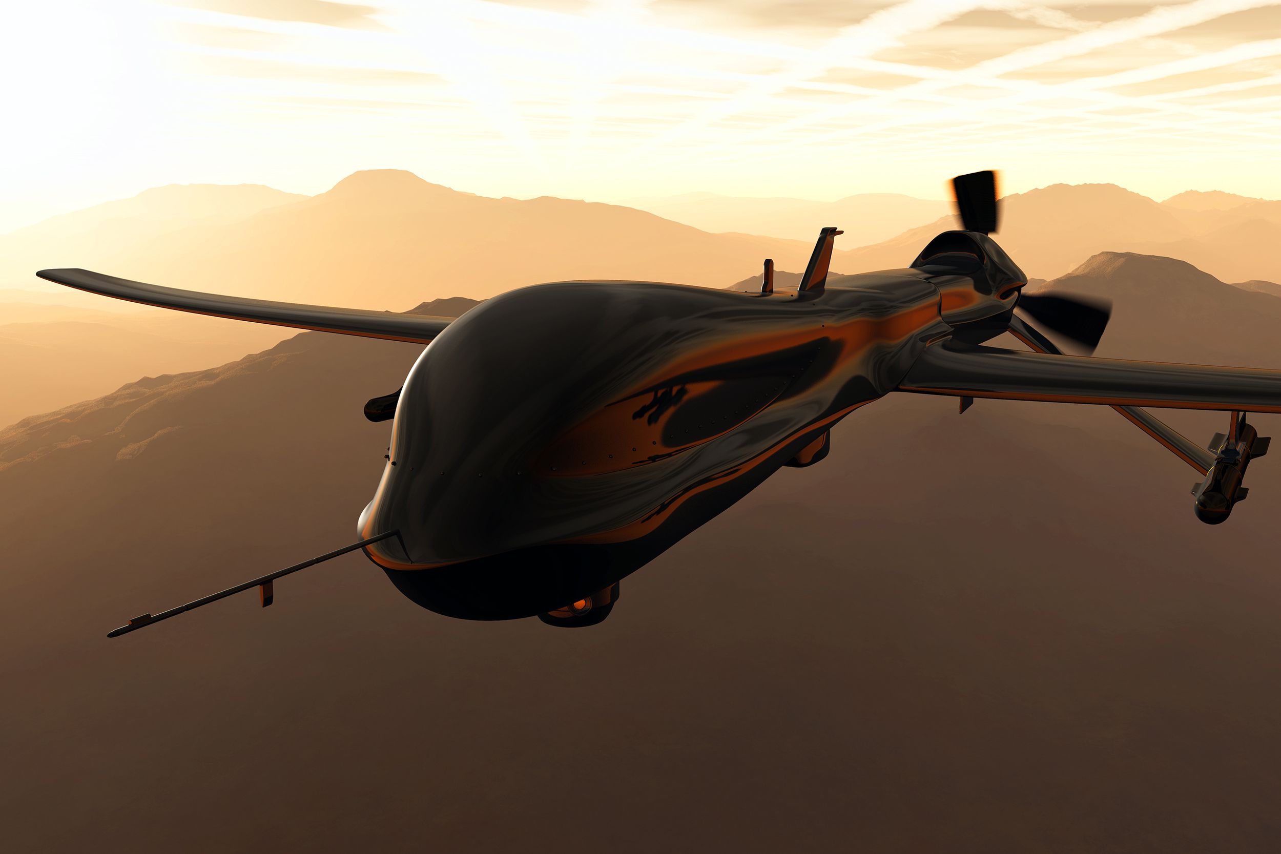 Predator MQ1 type drone in the air with mountains, sunlight on the left, and an orange sky