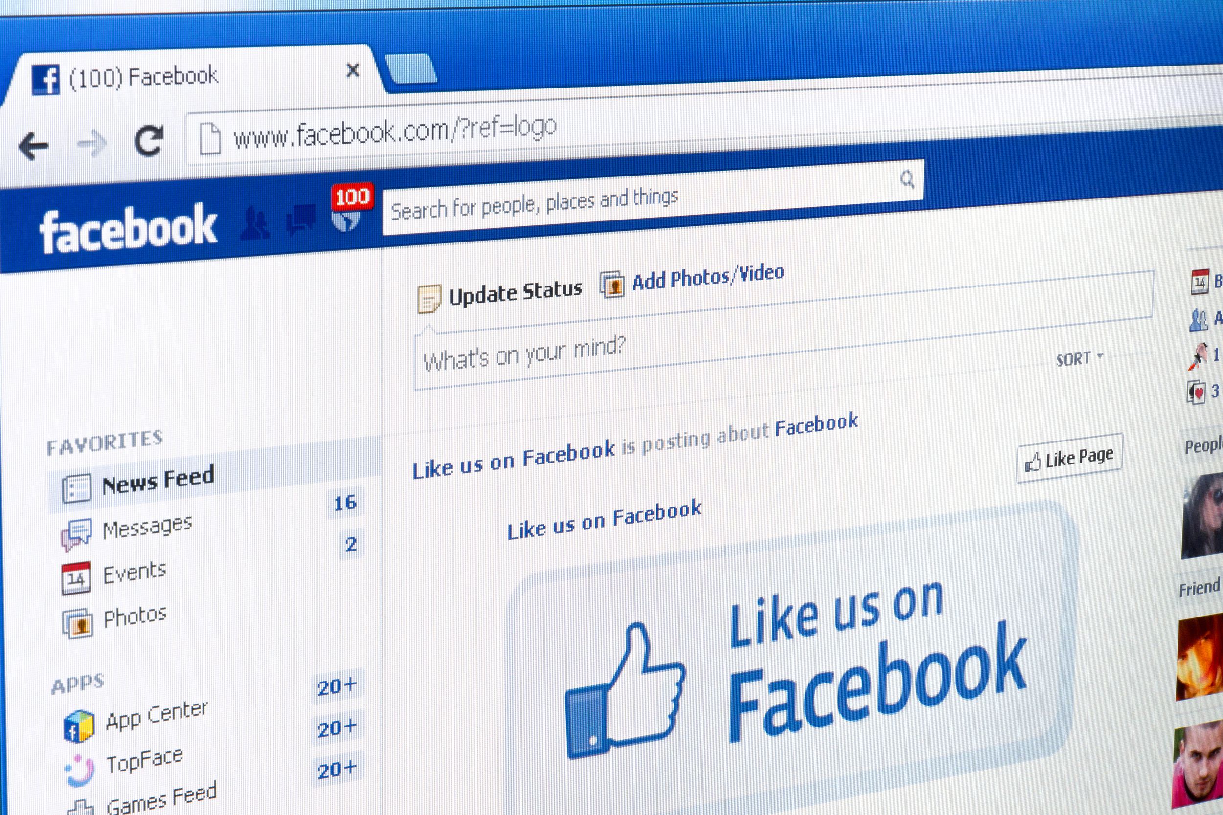 Screenshot of Facebook feed page in a browser, slight diagonal