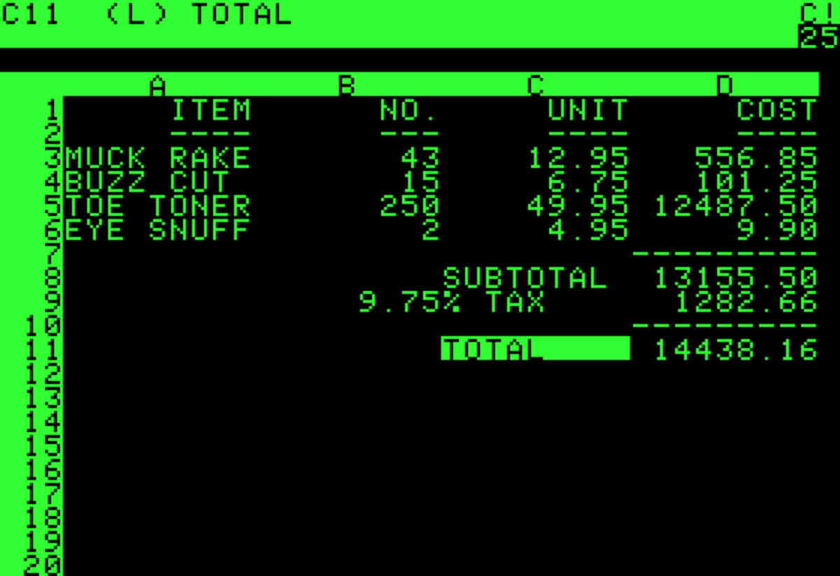 Screenshot of VisiCalc running on an Apple II computer, 1979