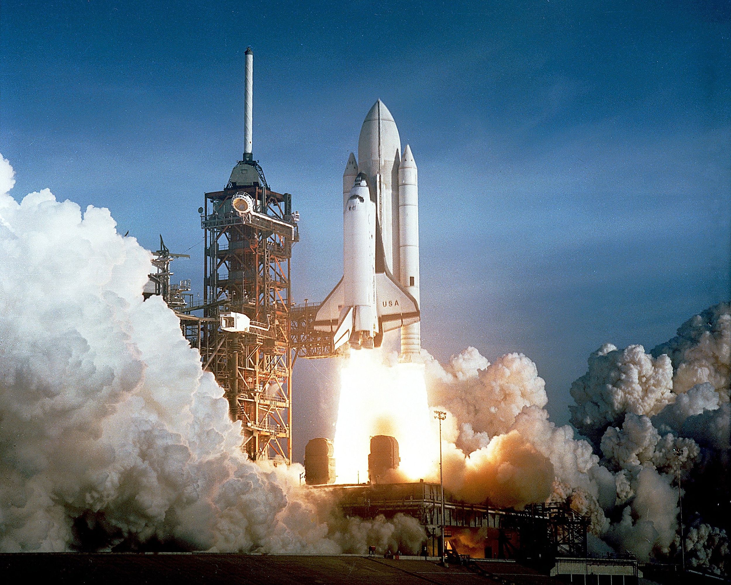 Space Shuttle Columbia maiden launch on April 12, 1981, Pad A, Launch Complex 39, at the Kennedy Space Center, Florida