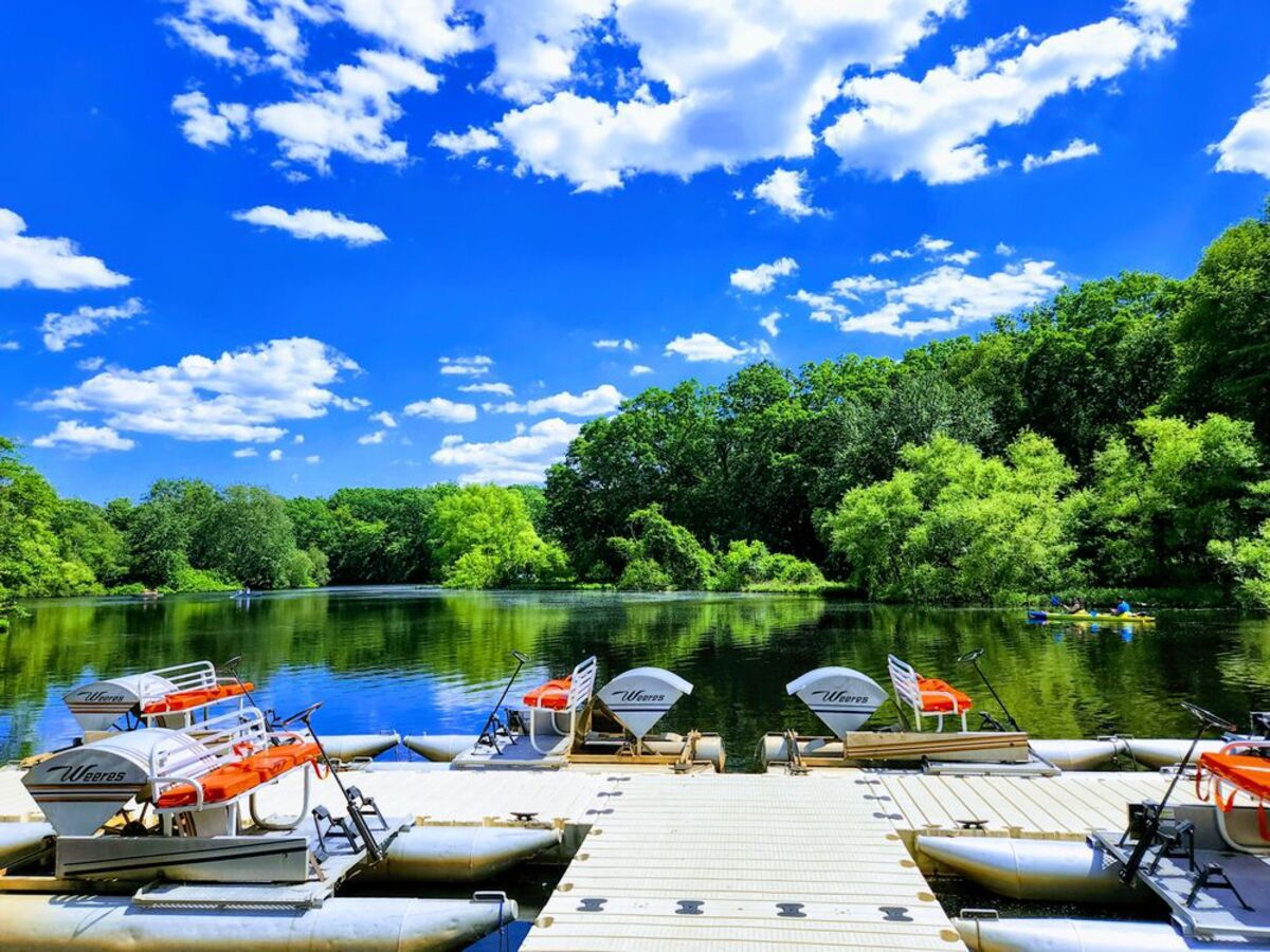 Turkey Swamp Park, Freehold, New Jersey, boats at the dock in the foreground with the lake in the background