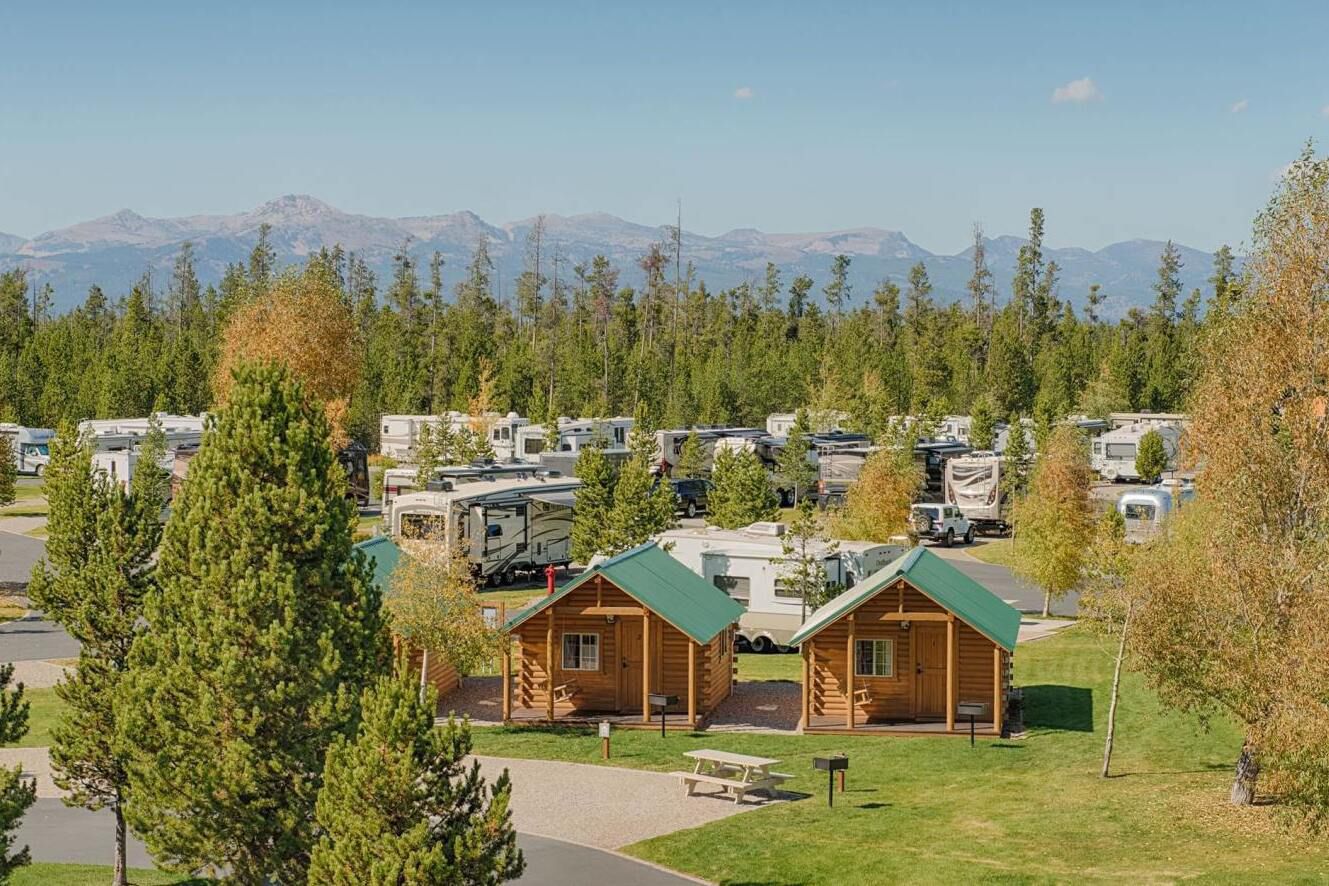 Yellowstone Grizzly RV Park and Cabins, West Yellowstone, Montana, cabins in the foreground with RV park area in the background