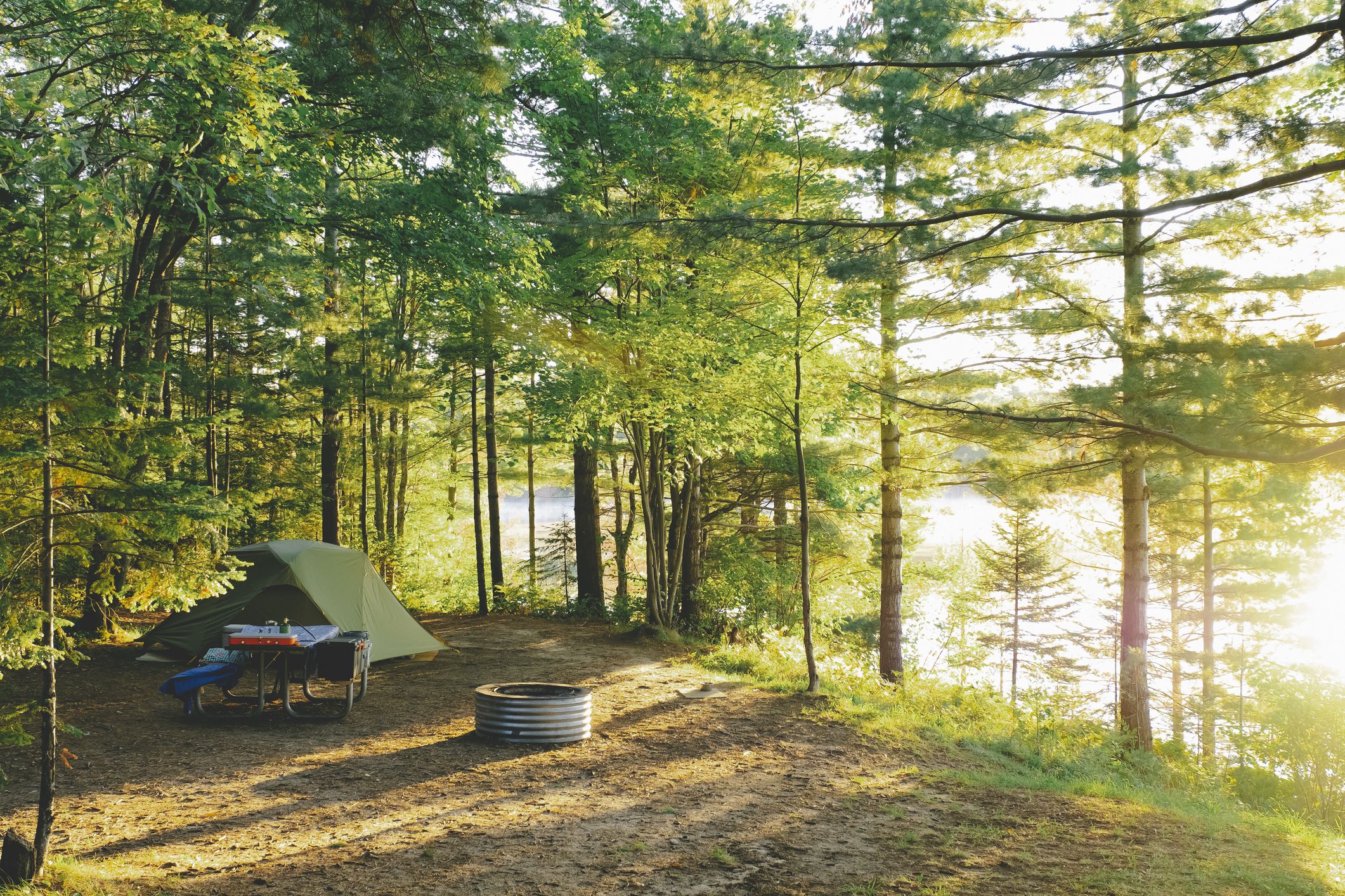 Camp site with tent in the morning