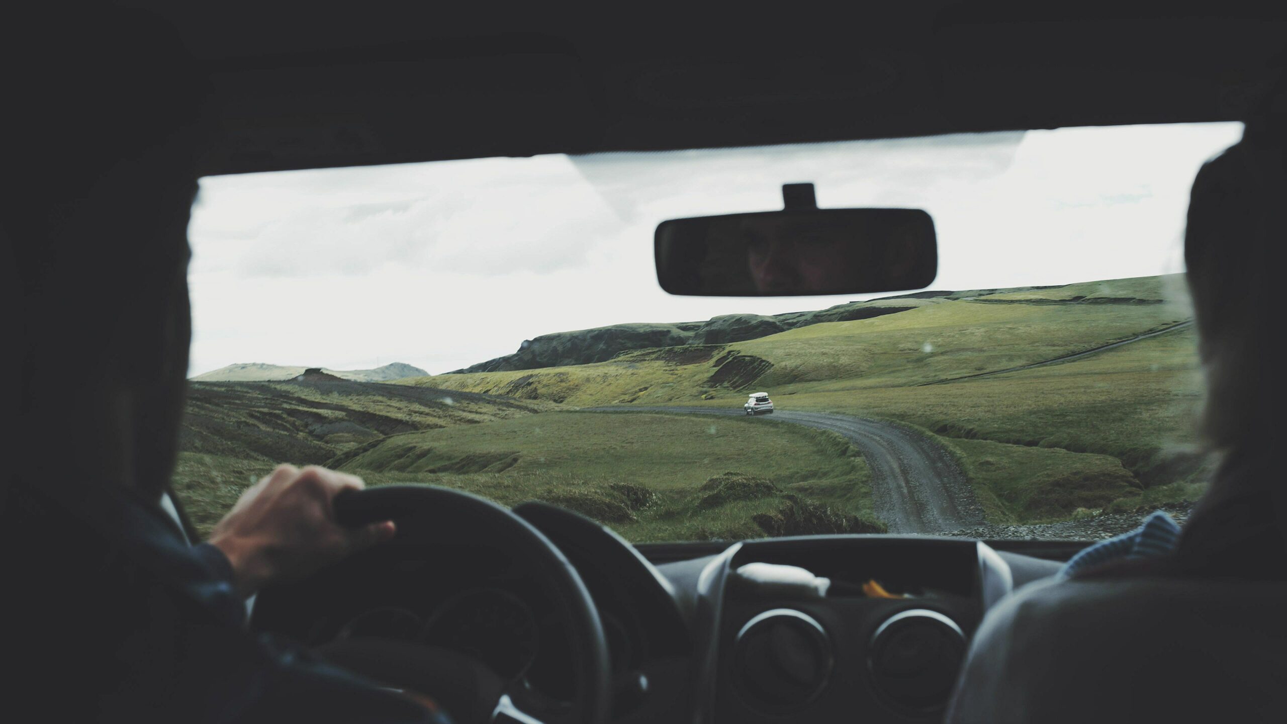 Mountain landscape. Driving camper.