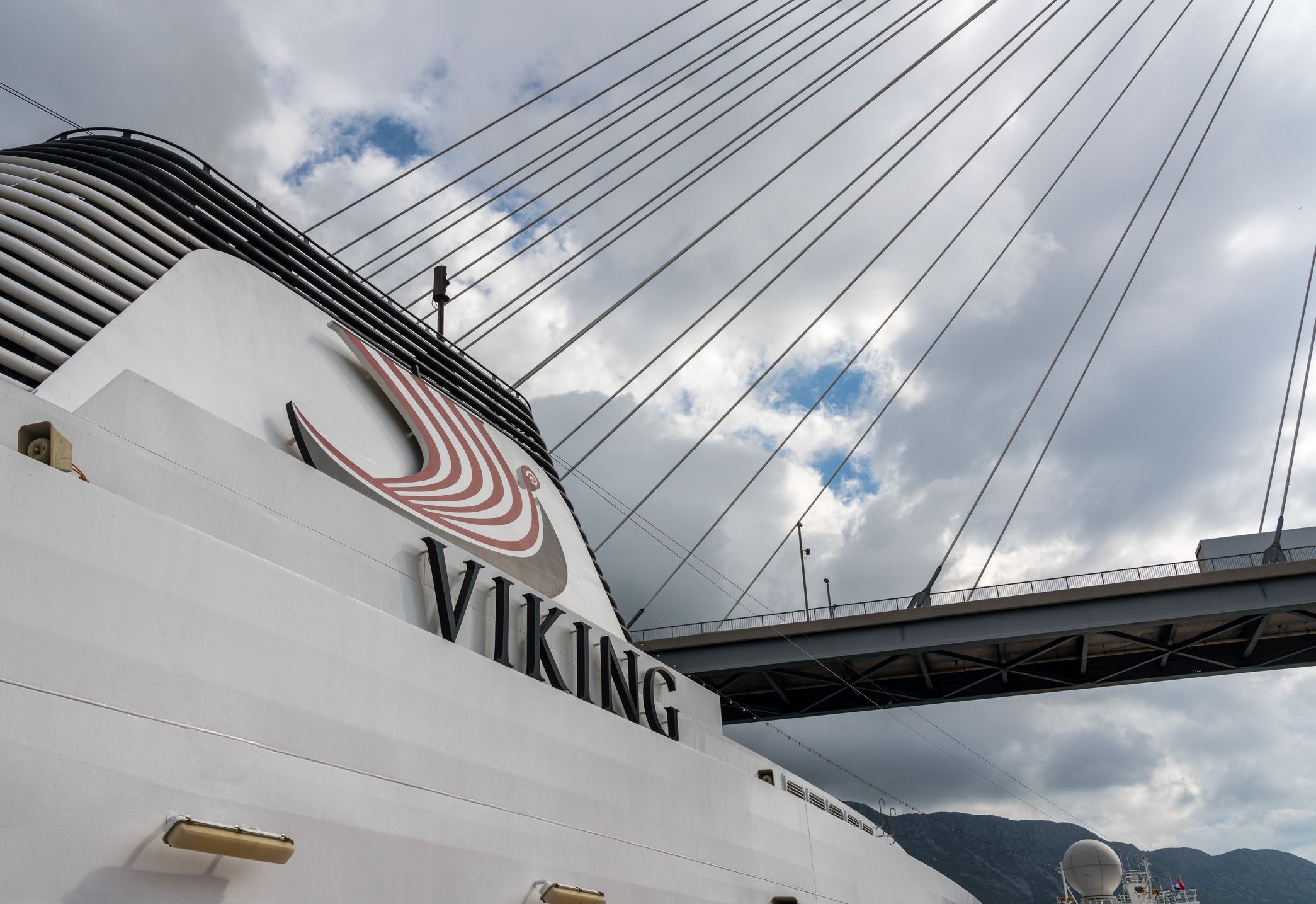 Dubrovnik, Croatia - 22 May 2019: Viking Star cruise ship docked under the Franjo Tudman bridge in the Dubrovnik cruise port near the old town