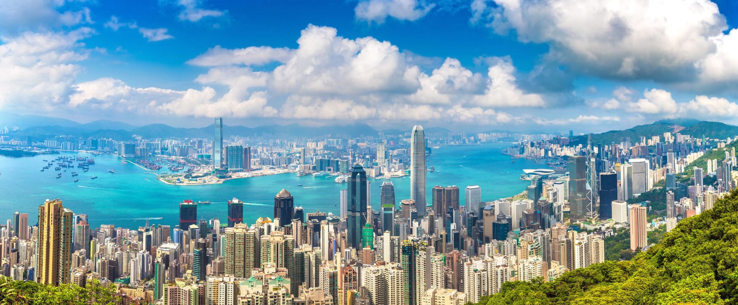 Panorama of Hong Kong business district in a summer day