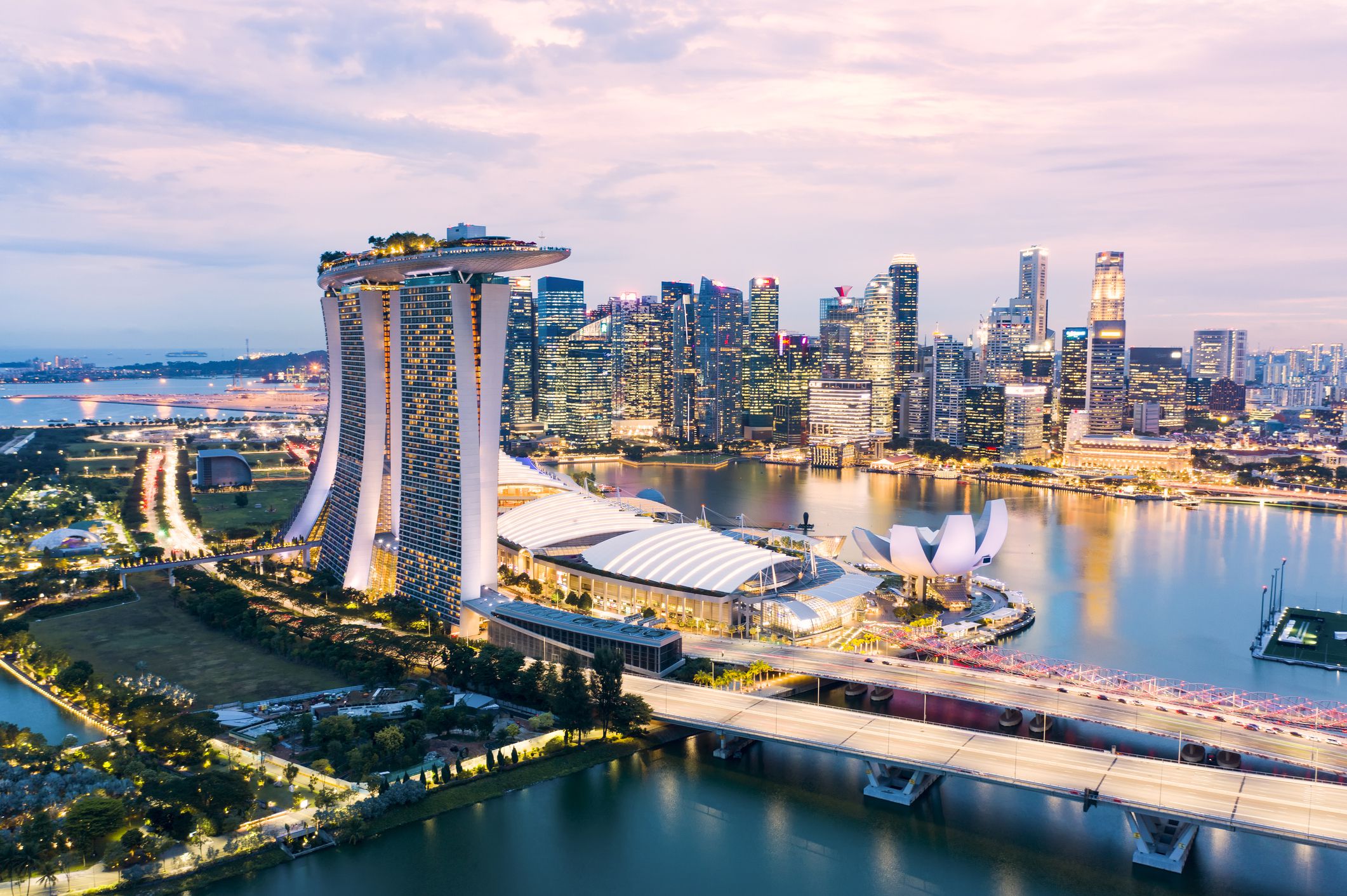 Singapore, July 18, 2020. Aerial view of the skyline of Singapore during a beautiful sunset with the financial district in the distance. Singapore is a sovereign island in Southeast Asia.