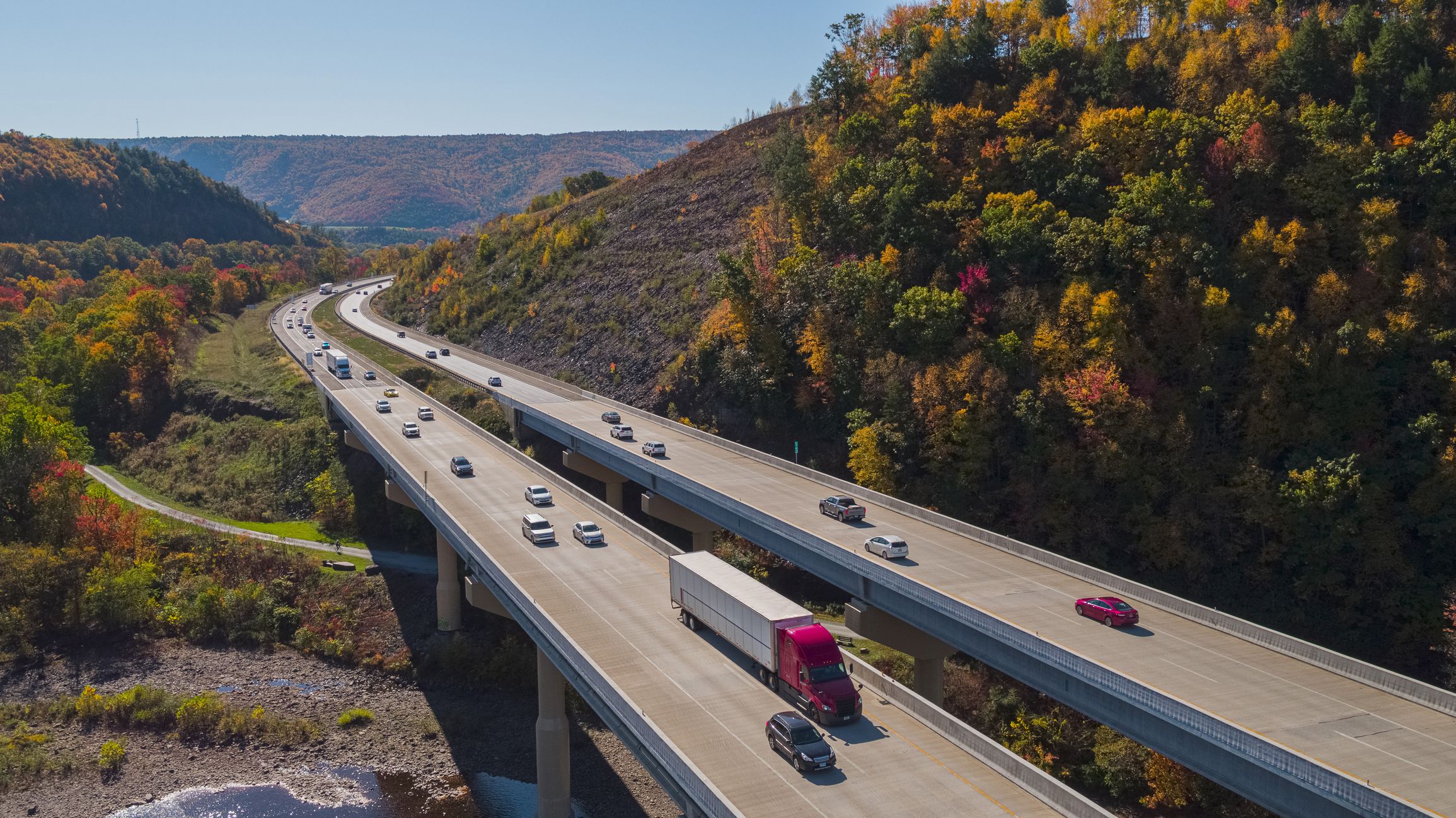 The high bridge at the Pennsylvania Turnpike on the sunny spring day. Lehigh Valley, Poconos region, Pennsylvania, USA.