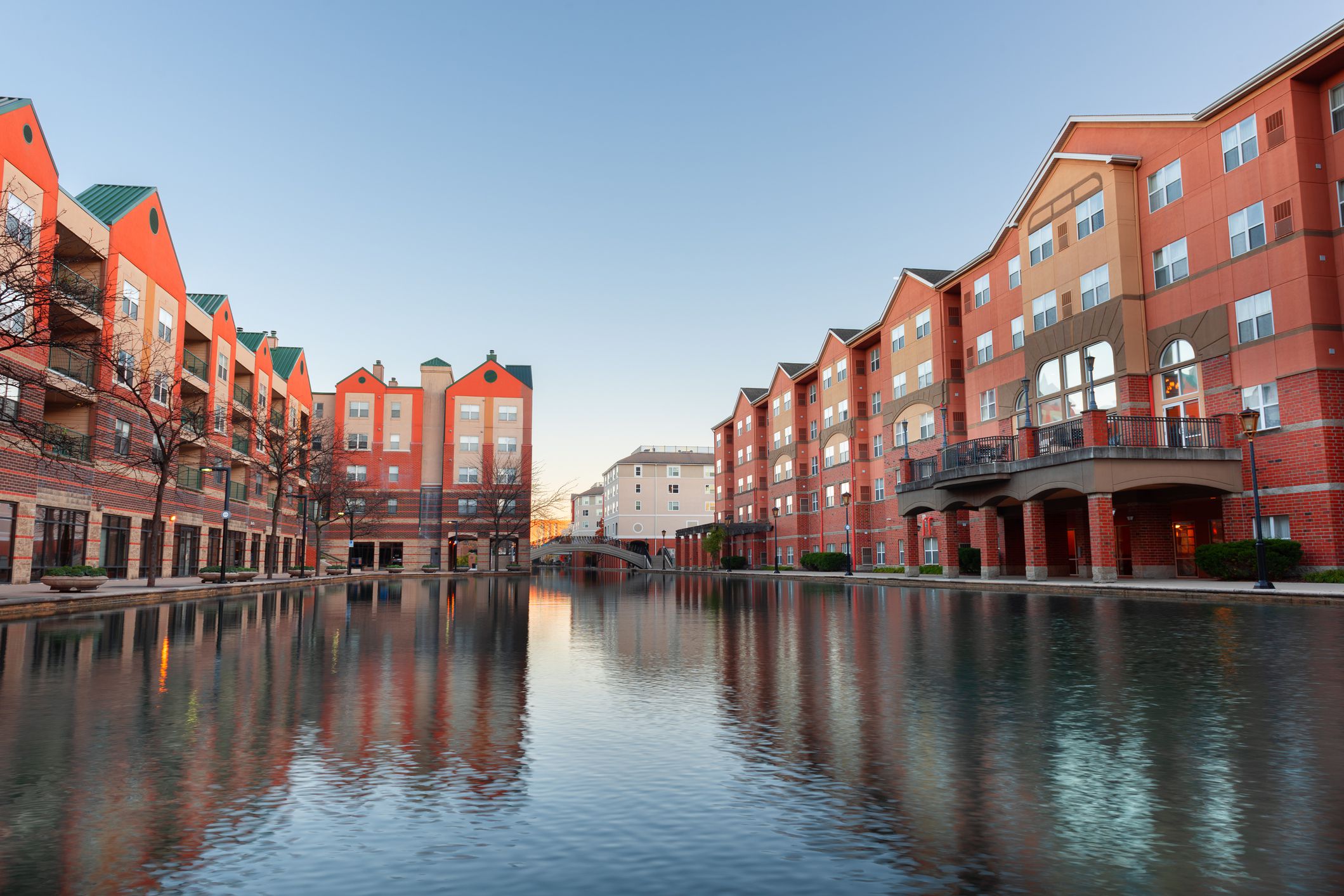 Indianapolis, Indiana, USA canal and cityscape on the riverwalk.