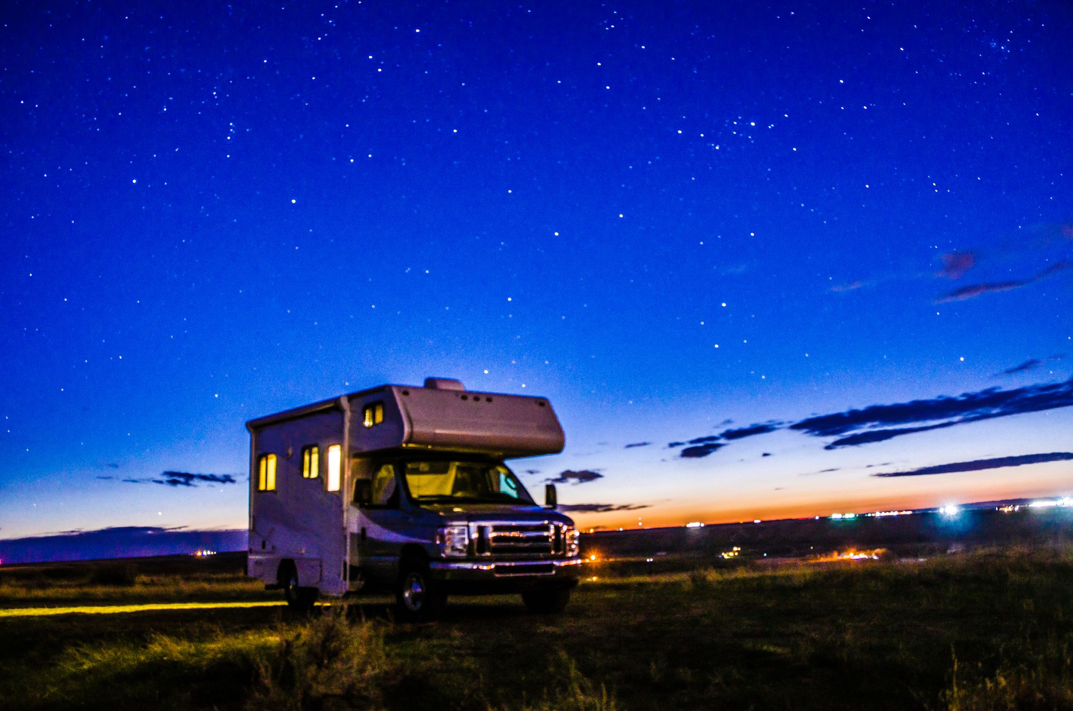 Motor home and sunset during springtime