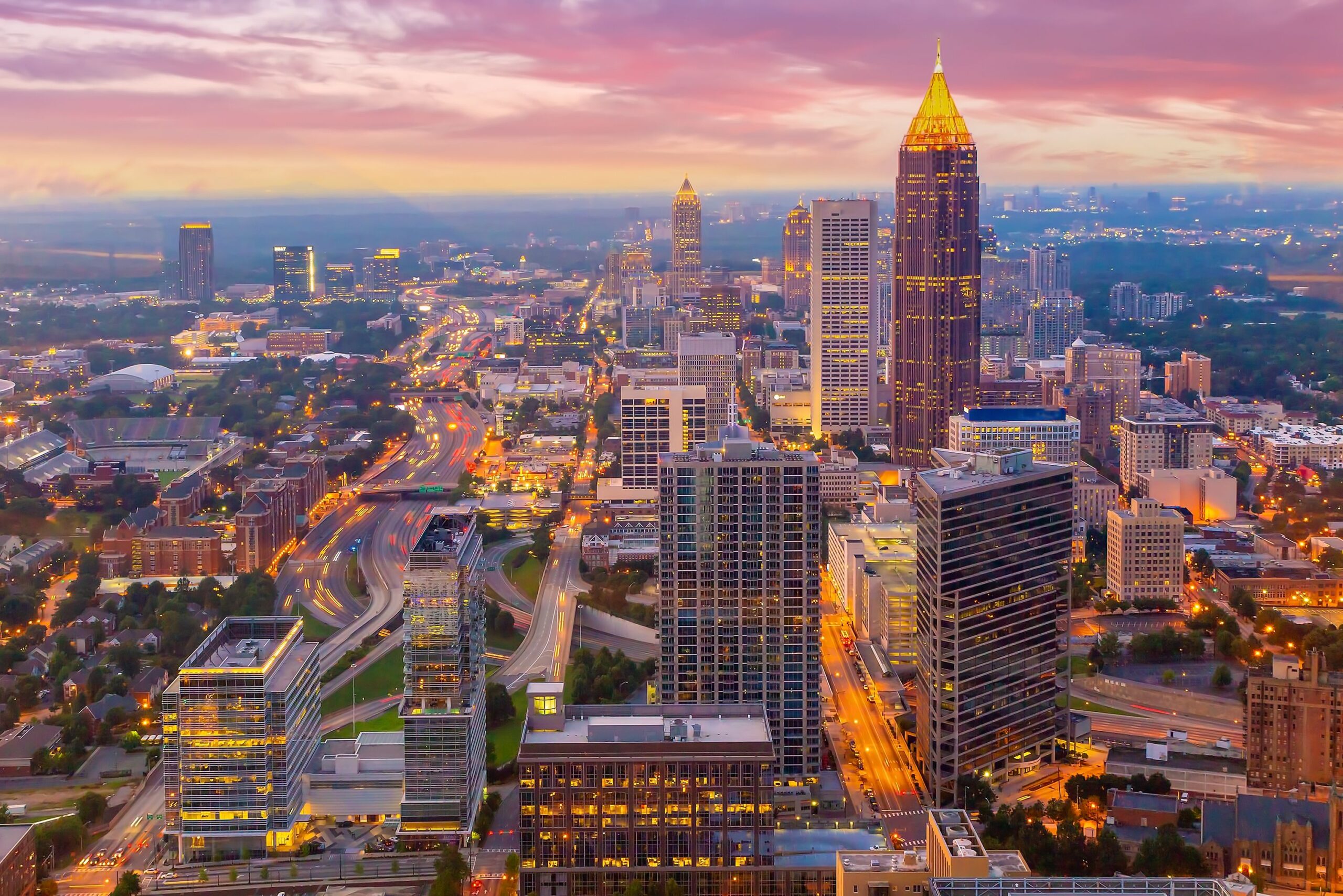 Downtown Atlanta center area skyline cityscape of USA at twilight
