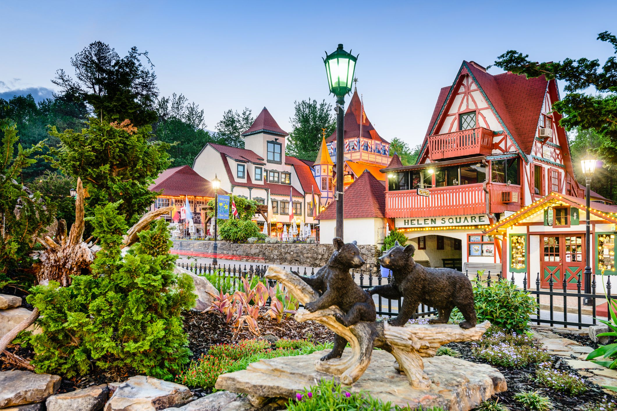 Helen, Georgia, USA - May 7, 2013: The square in the Appalachian town of Helen. The architectural theme of the town is inspired by the Bavarian Alps and it is a popular Oktoberfest destination.