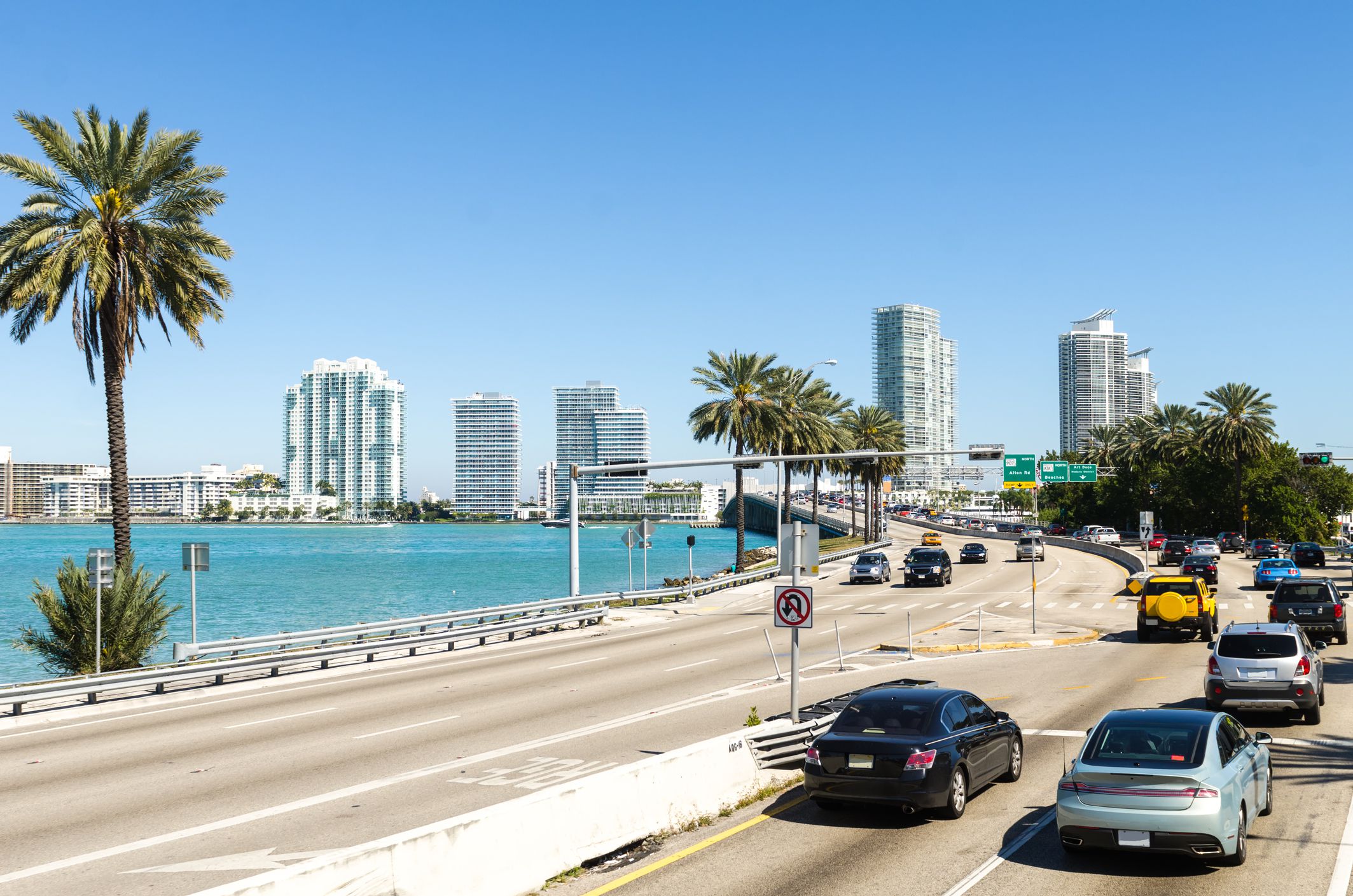 Miami, United States - February 15, 2015: Morning city traffic heading to Miami North. Florida, US.