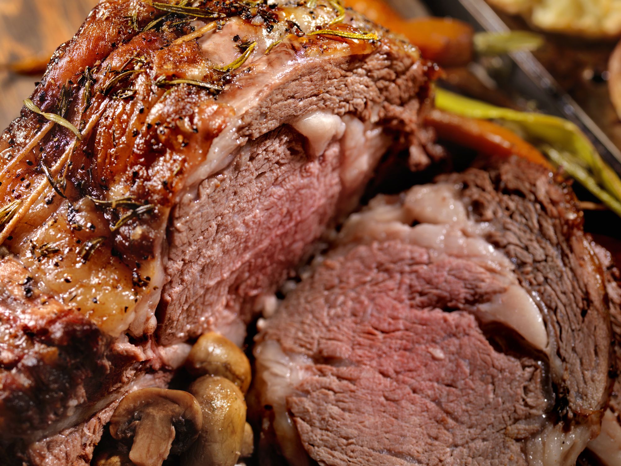 Standing Rib Roast with Mushrooms, Carrots, Leeks and Yorkshire Pudding