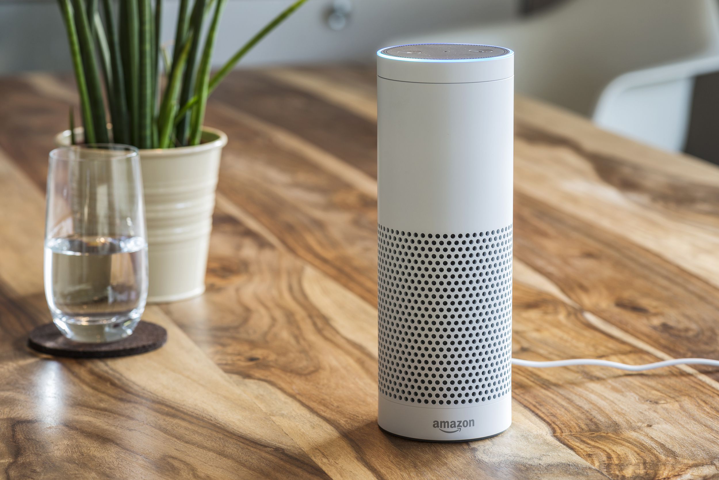 A white Amazon Echo Plus on a artisanal wooden table, with a glass of water and a potted plant behind it, with a blurred background of a living space