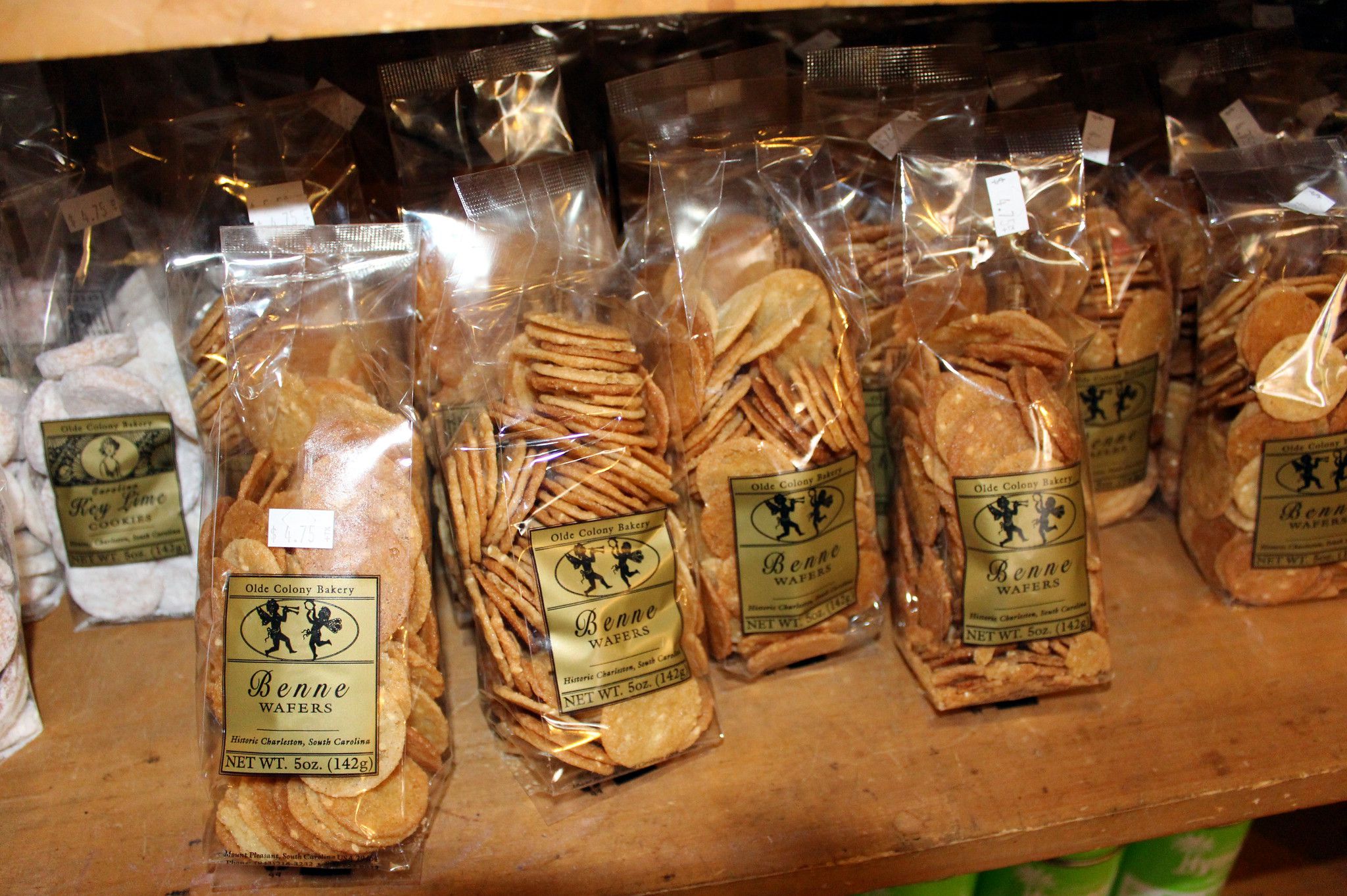 Benne Wafers in clear bags on a store shelf