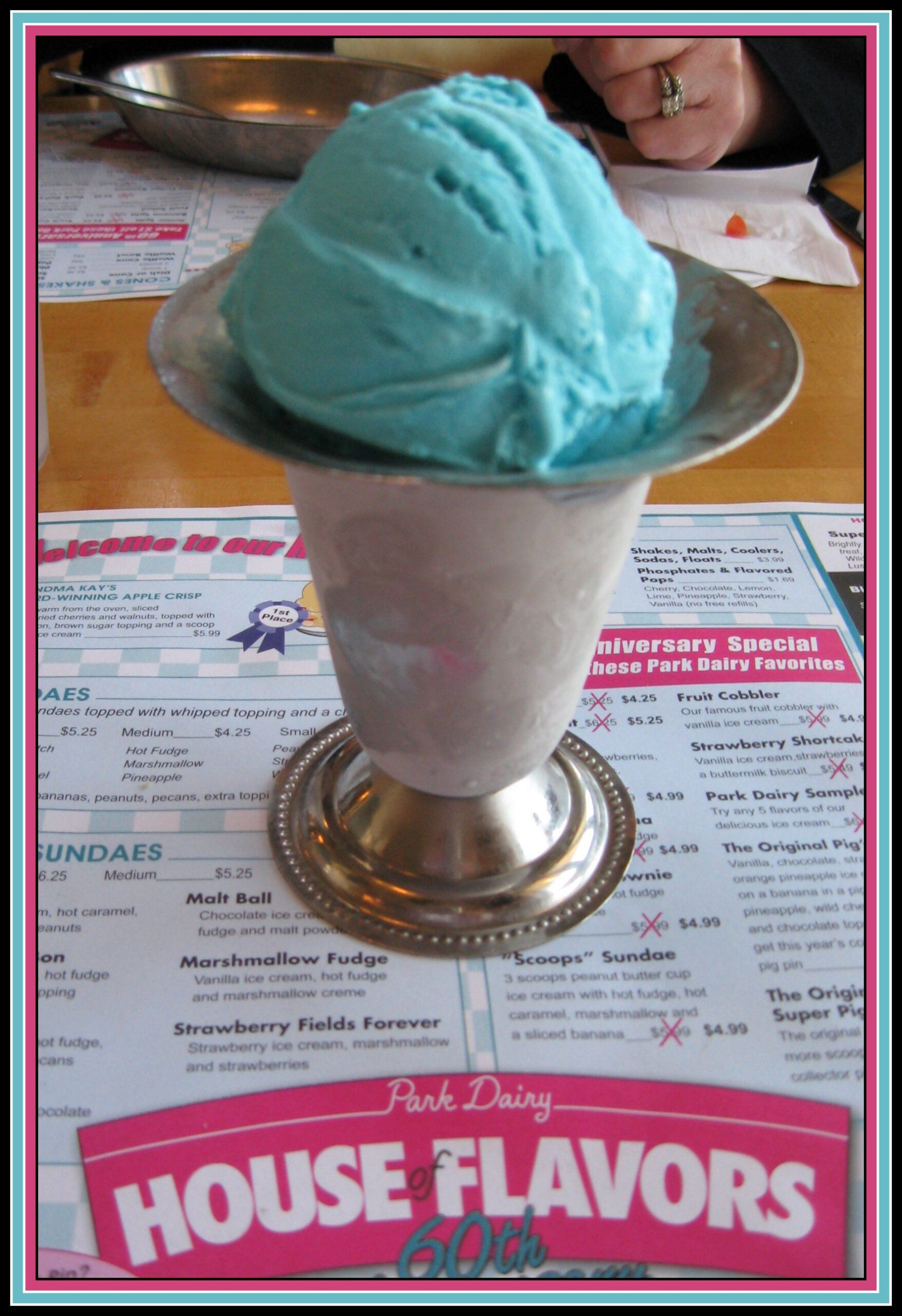 Blue Moon ice cream in a silver cup in a diner