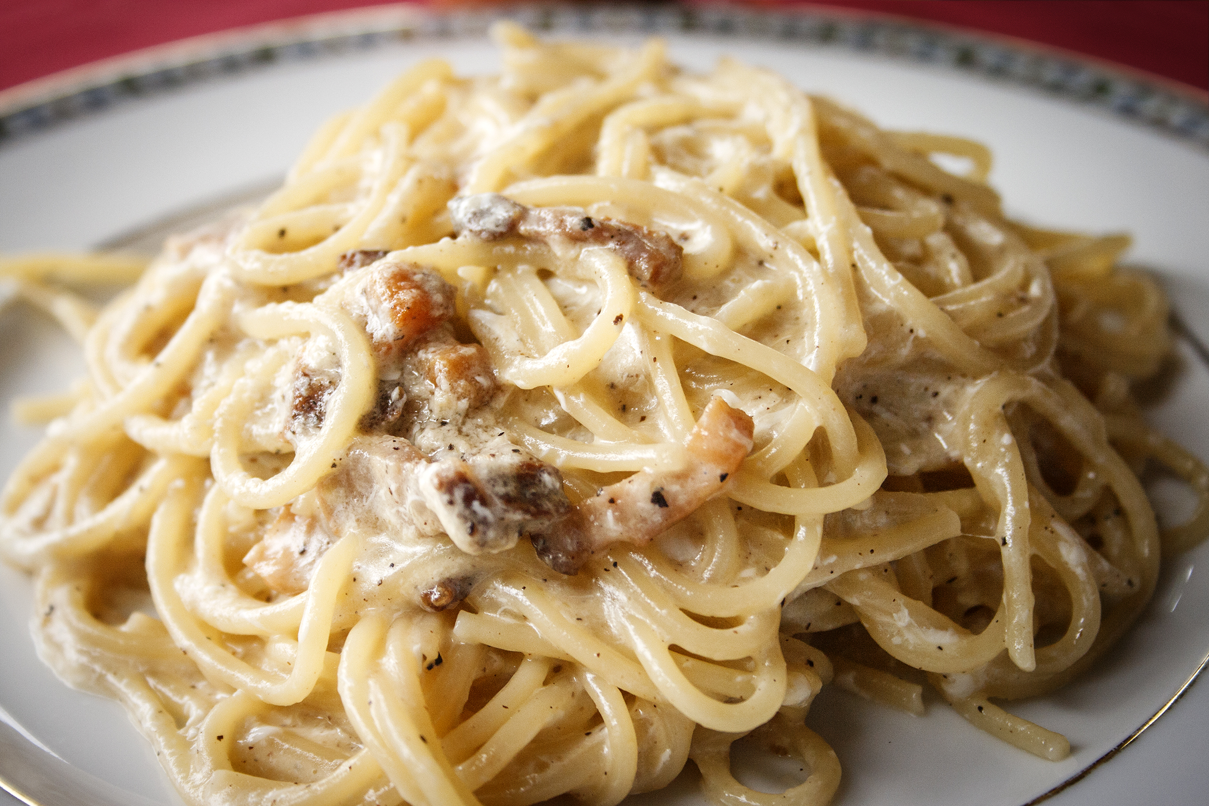 Closeup of bacon carbonara pasta, selective focus, on a porcelain plate with a red background at the top