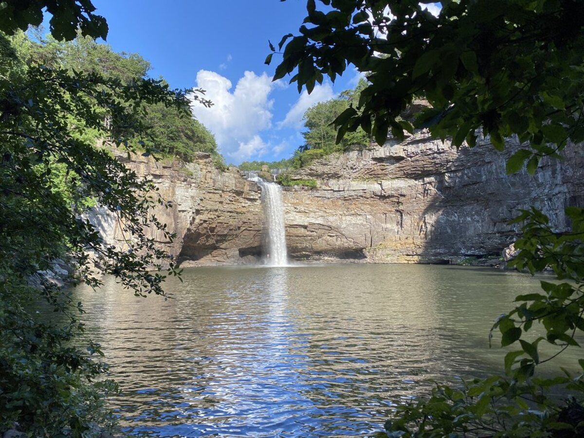 DeSoto Falls, Mentone, Alabama, waterfall in background and swimming hole in the foreground, framed by trees