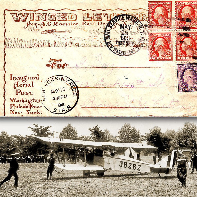 The first U.S. Air Mail takes off from Washington, D.C., on May 15, 1918.