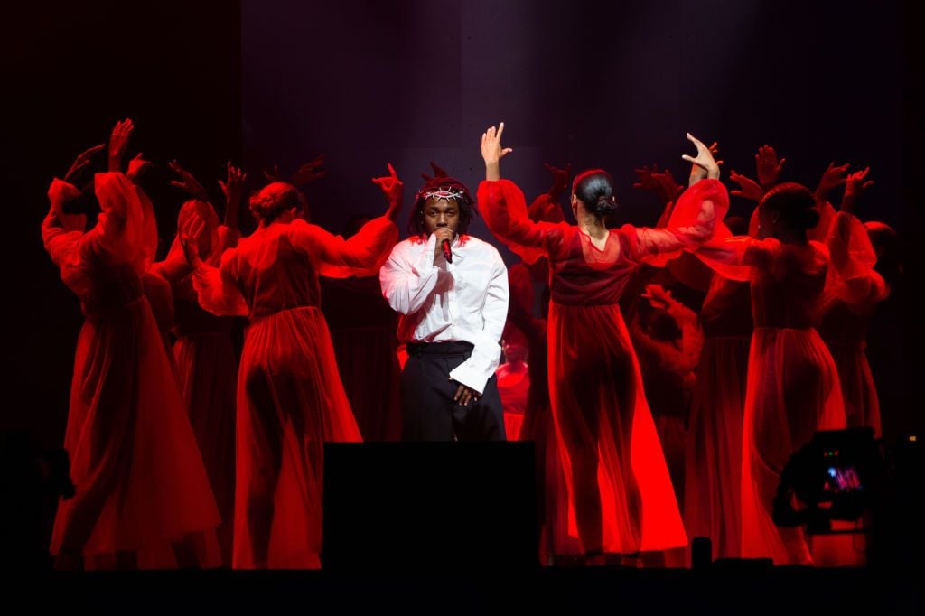 Kendrick Lamar performs on the Pyramid stage during day five of Glastonbury Festival at Worthy Farm, Pilton on June 26, 2022 in Glastonbury, England.