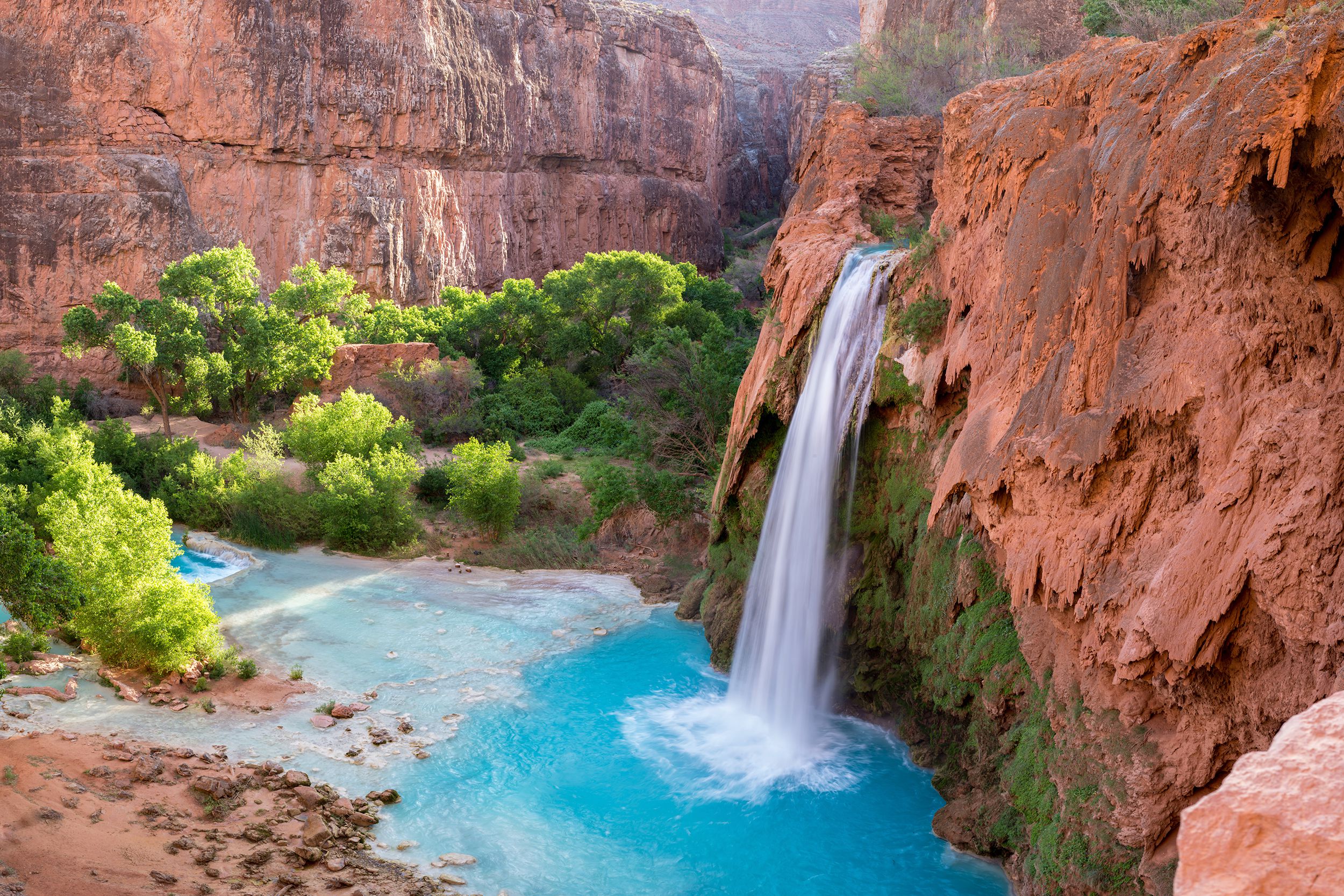 Havasupai Falls, Grand Canyon National Park, Arizona, waterfalls cascading into blue swimming hole surrounded by terracotta colored rocks and some green trees and plants to the left