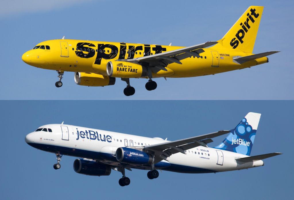 JetBlue and Spirit Airlines side by side images of planes in the sky
