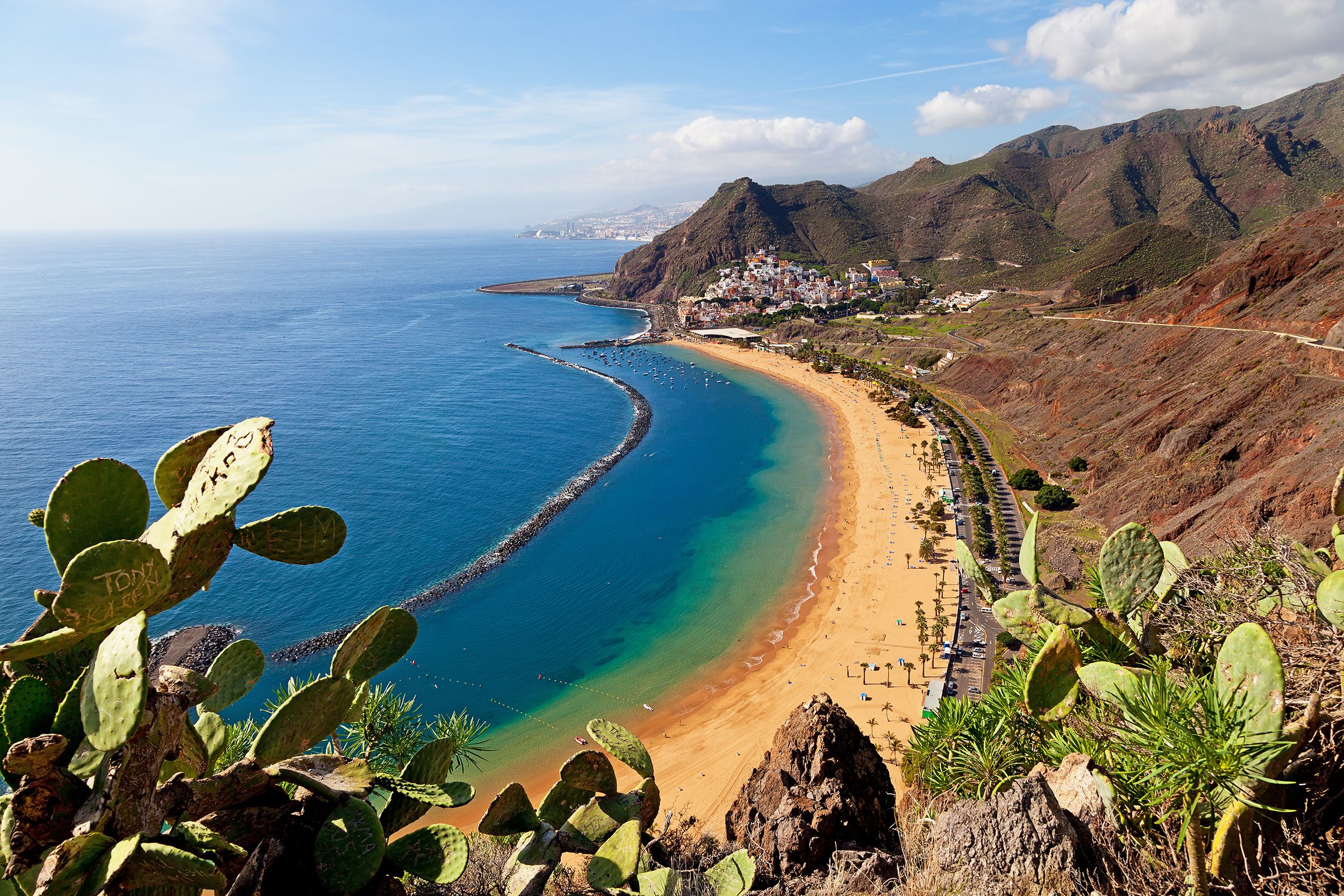 Las Teresitas Beach, Tenerife, Canary Islands, expansive view of beach, mountains, and sea, as seen from top of a mountain with cacti, on a sunny day with a blue sky and white clouds