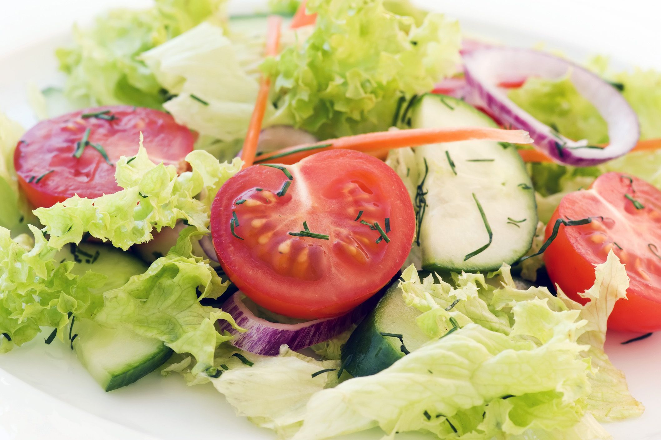 Small green salad with tomatoes, red onions, cucumbers, carrots and herbs