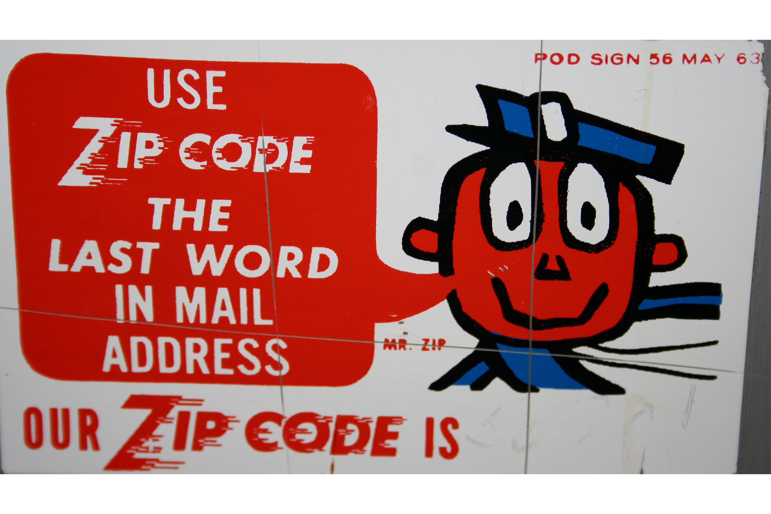 A 1963 U.S. Post Office sign featuring Mr. ZIP