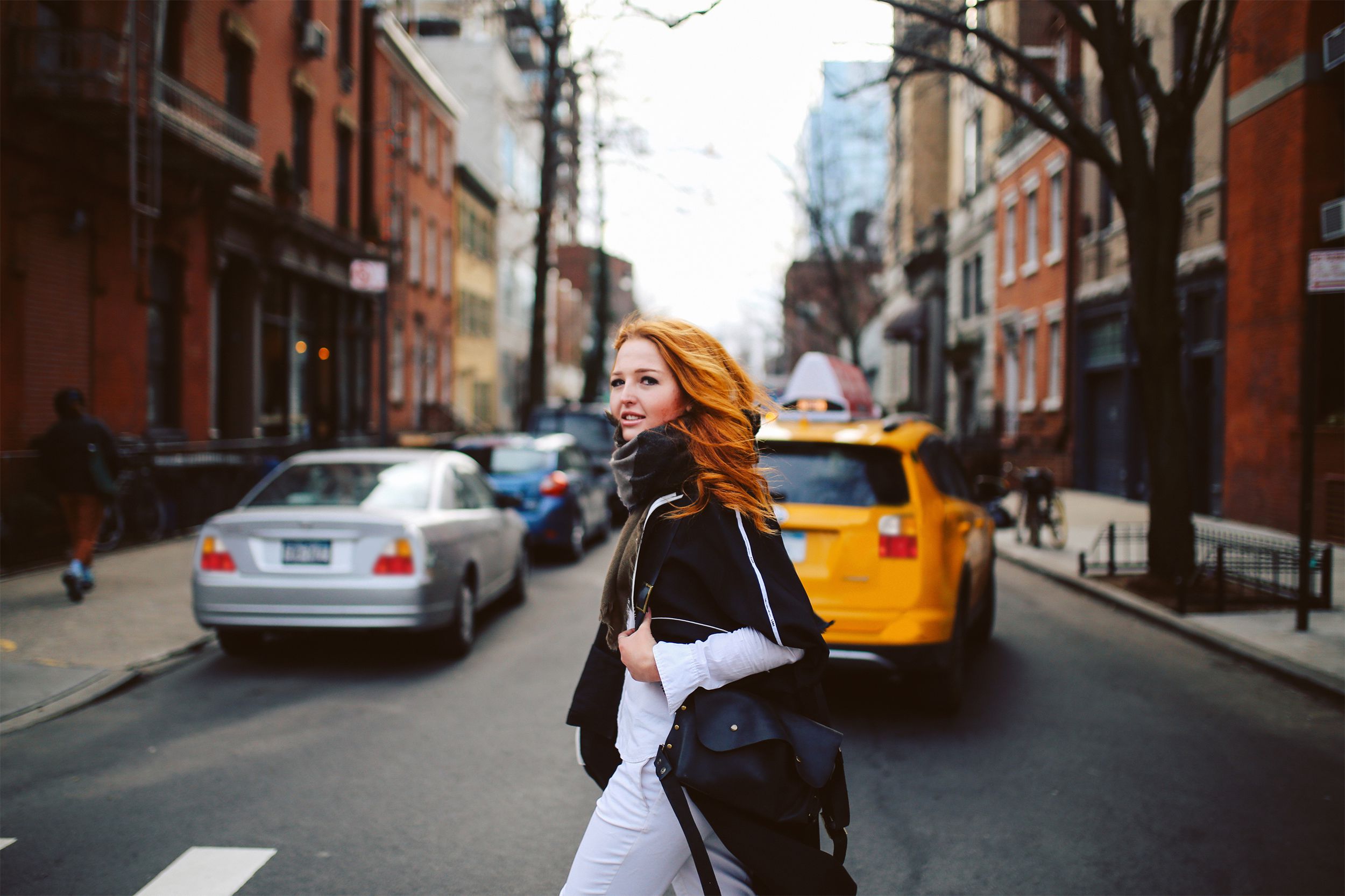 Woman walking in streets in New York