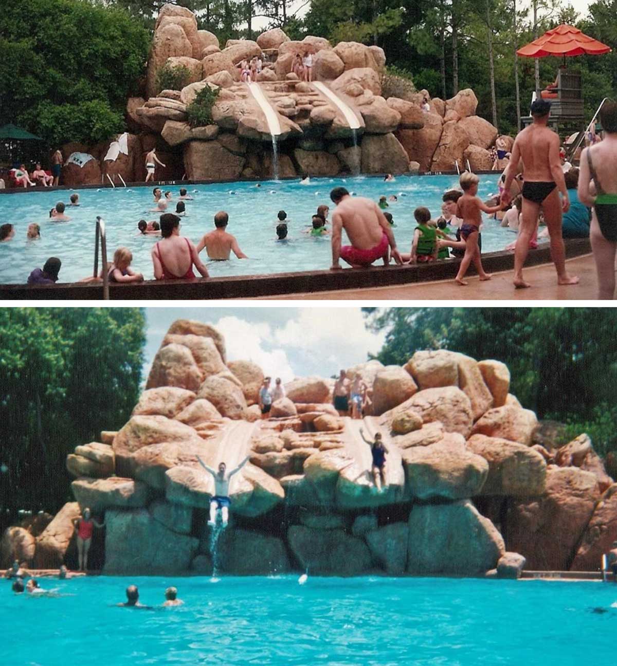 Two photos show a busy outdoor swimming pool with people swimming and playing. There is a large rock structure with two slides where children are sliding into the pool. Lush trees surround the pool area.