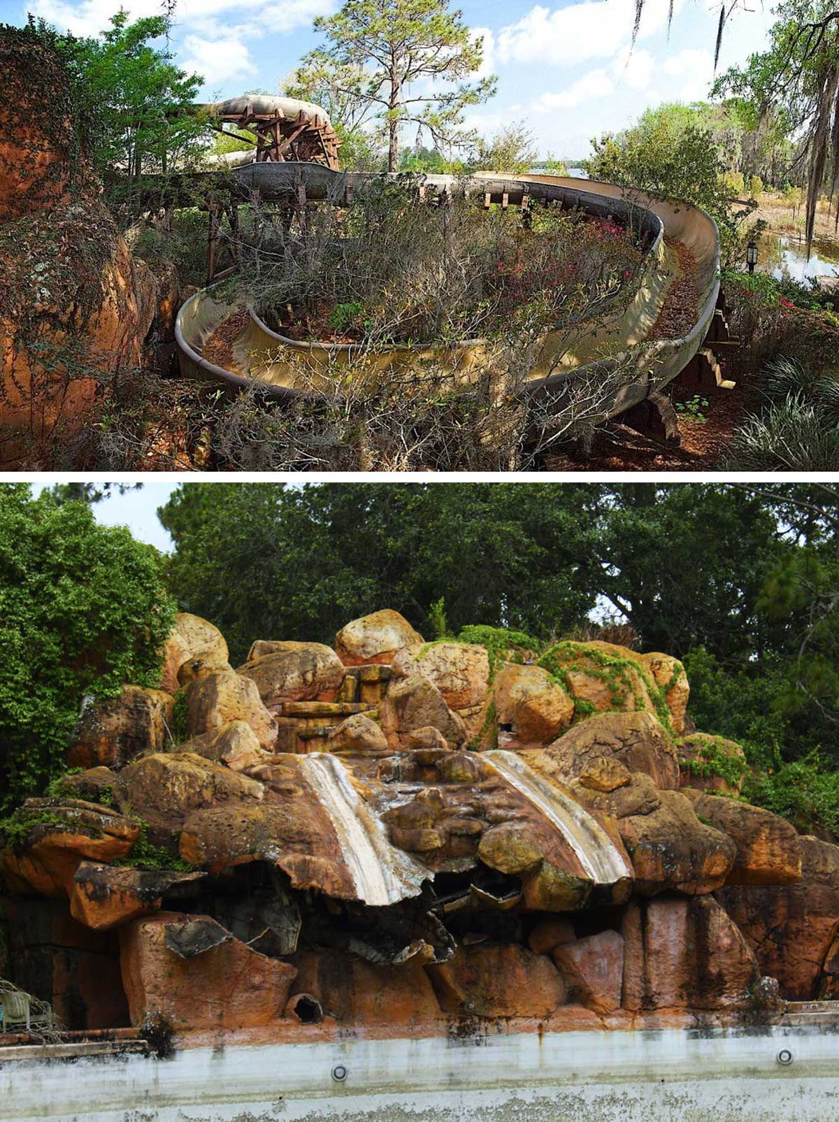 Two images show abandoned waterpark attractions overgrown with vegetation. The top image features a winding waterslide, while the bottom image shows a dry, artificial waterfall and rocks. Both structures appear weathered and unused.