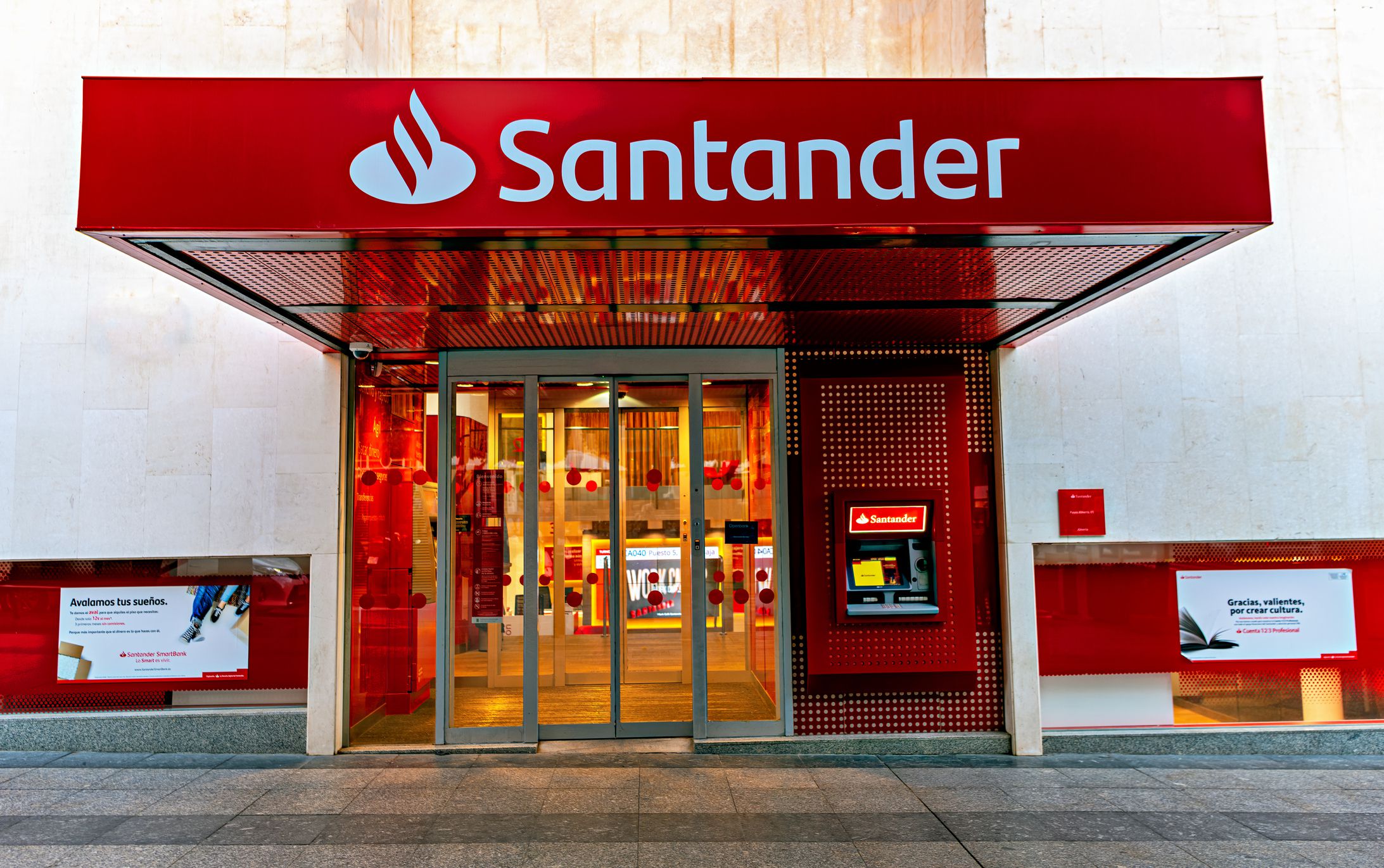 View of entrance to Santander bank office in the city of Almeria, Spain.
