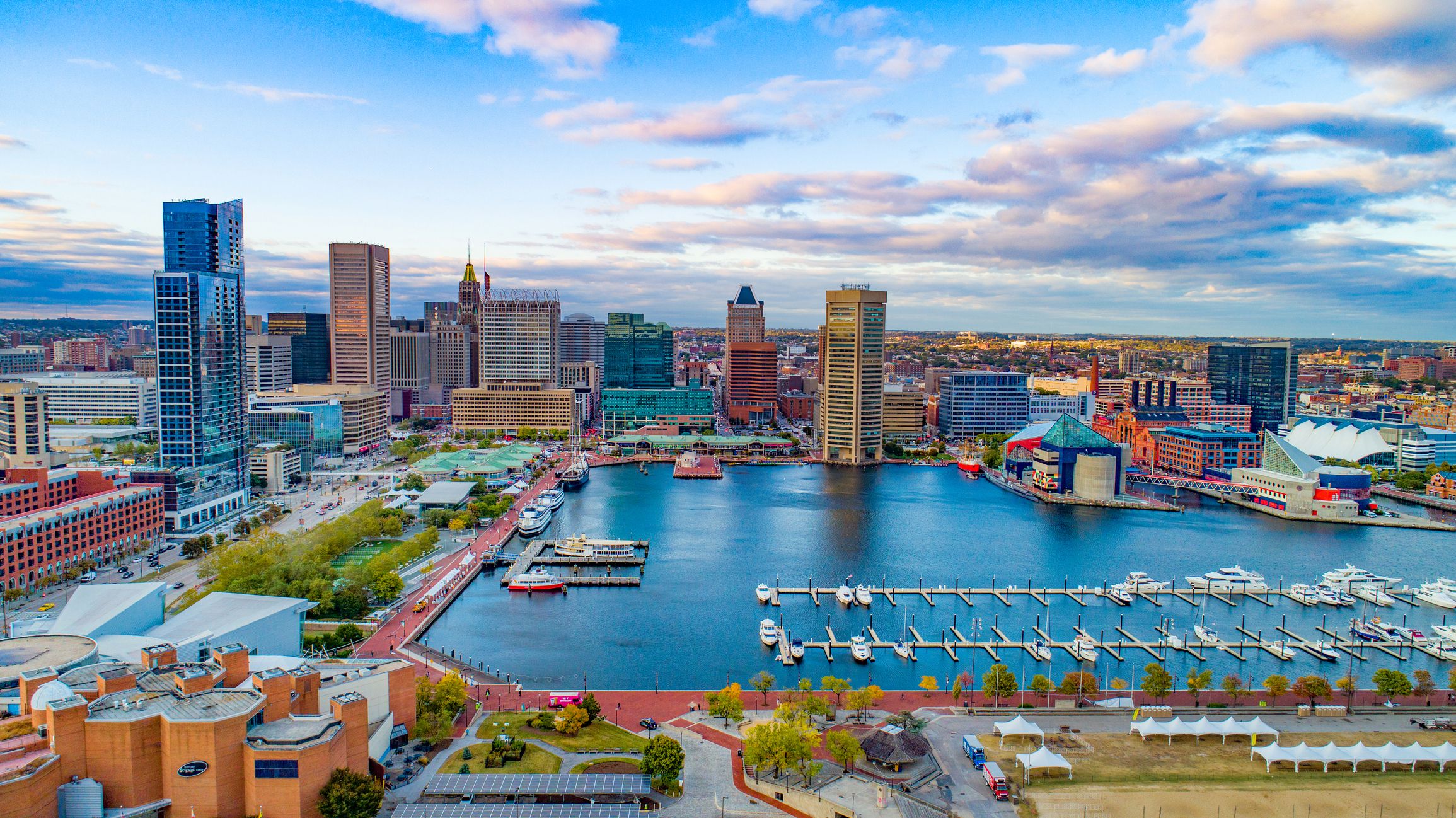 Baltimore, Maryland, USA Inner Harbor Skyline Aerial Panorama.