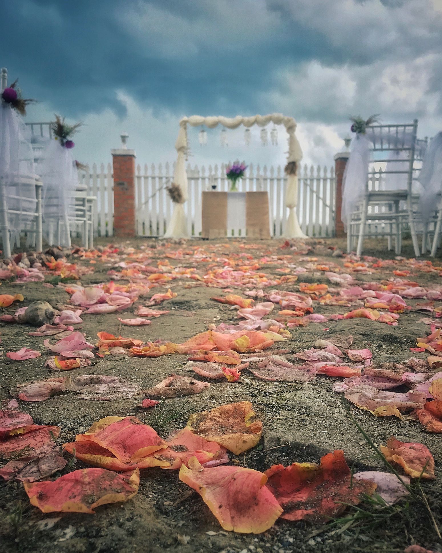 Rosepetals on the ground after the wedding ceremony