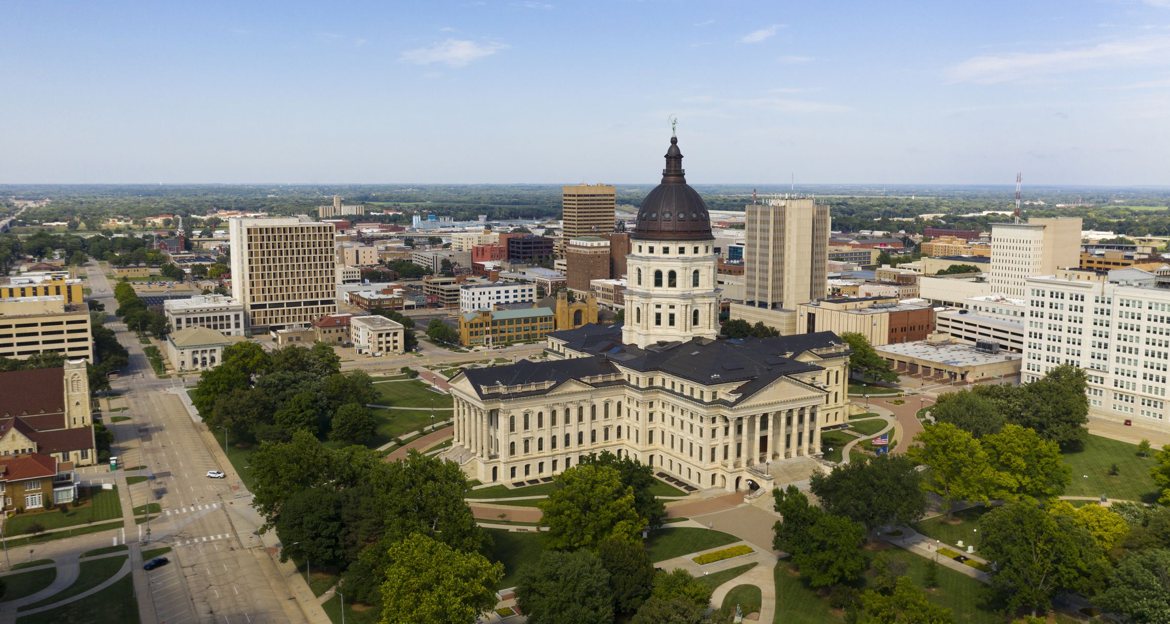 An aerial view of the capital statehouse grounds in Topeaka Kansas USA