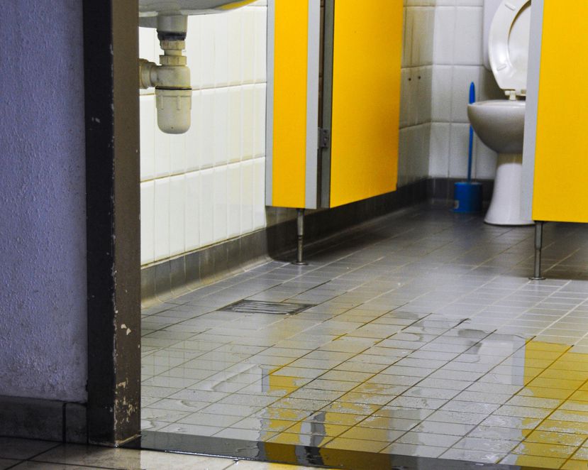 Puddles of water on the tile floor of a an airport public bathroom/restroom. Flood. Flooding from storm.