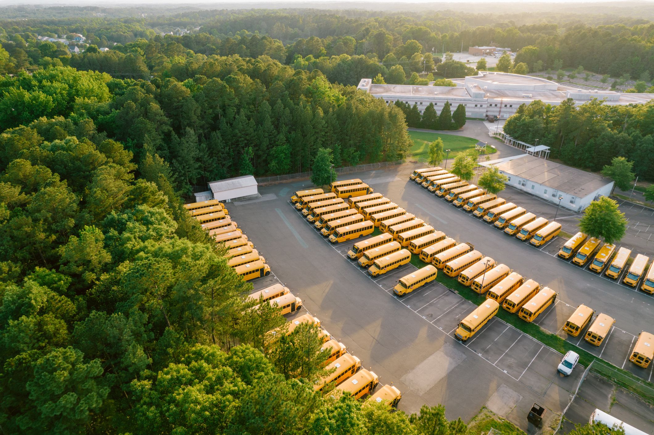 Aerial over parked school buses