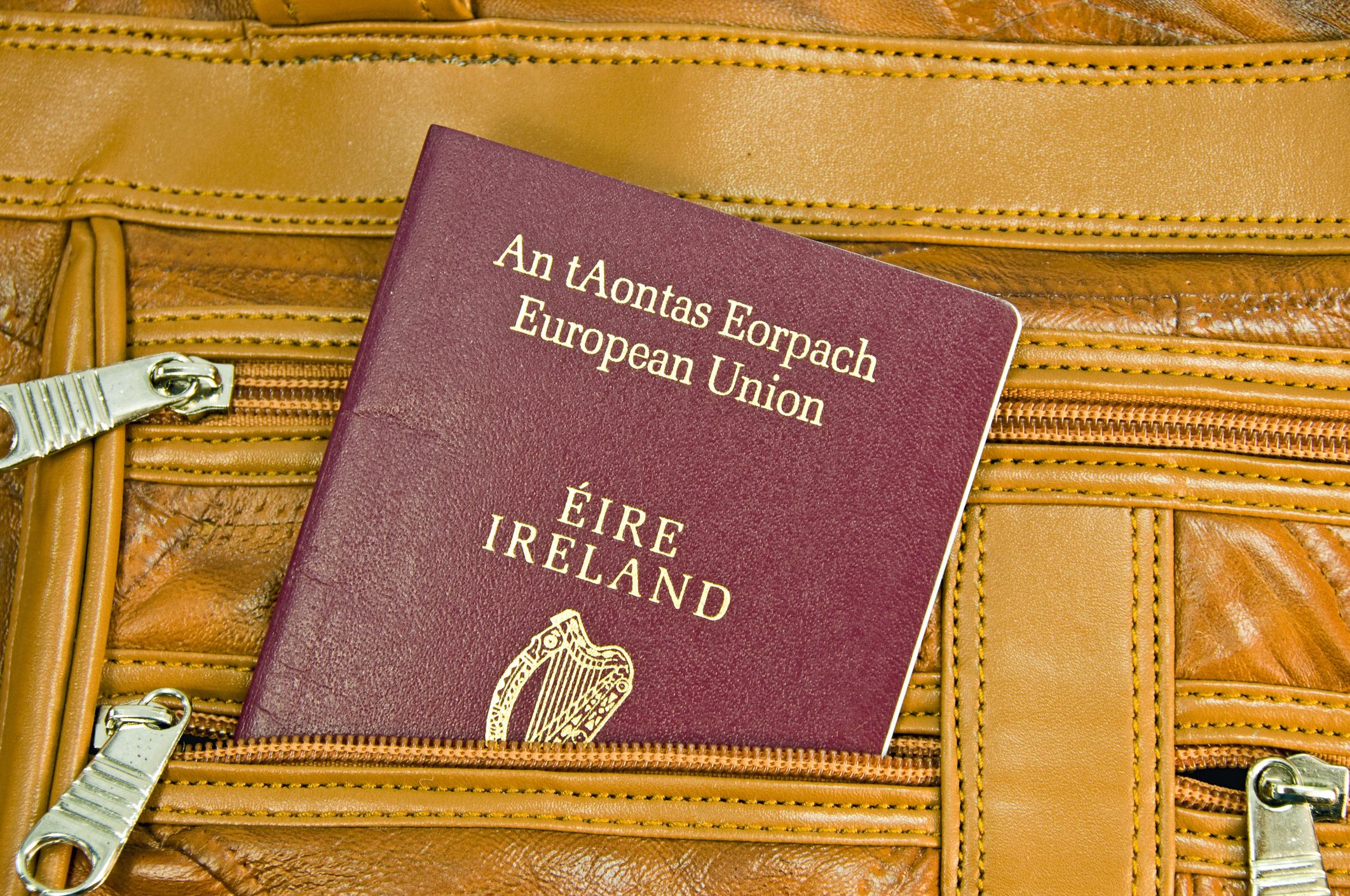 Irish EU Passport showing from the pocket of a leather carry-on bag.