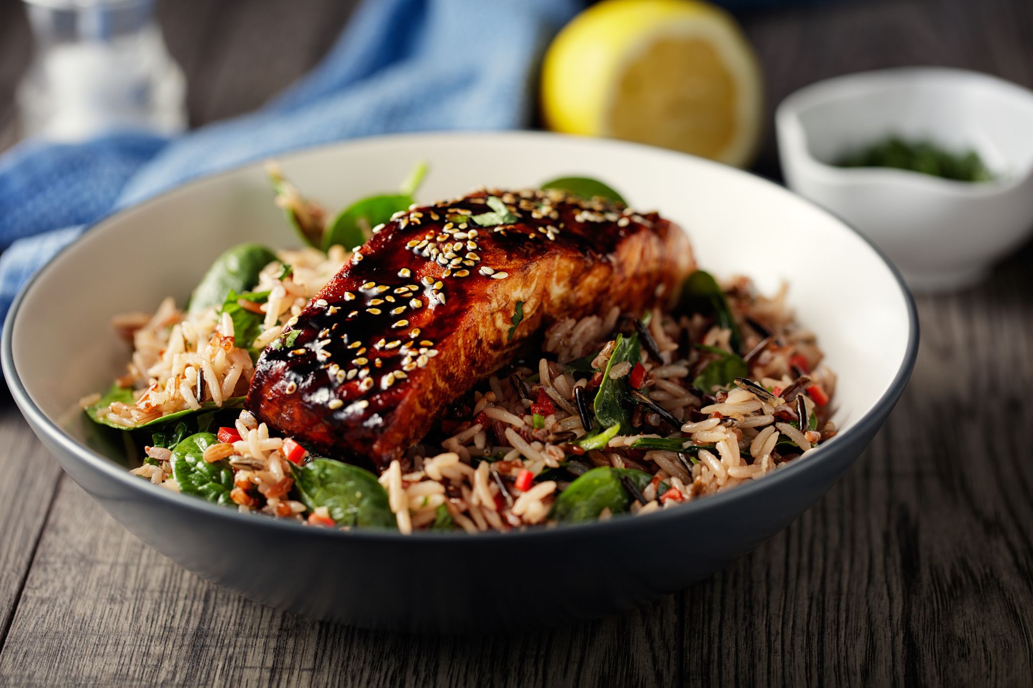 Home made freshness wild rice salad with grilled teriyaki salmon fillet