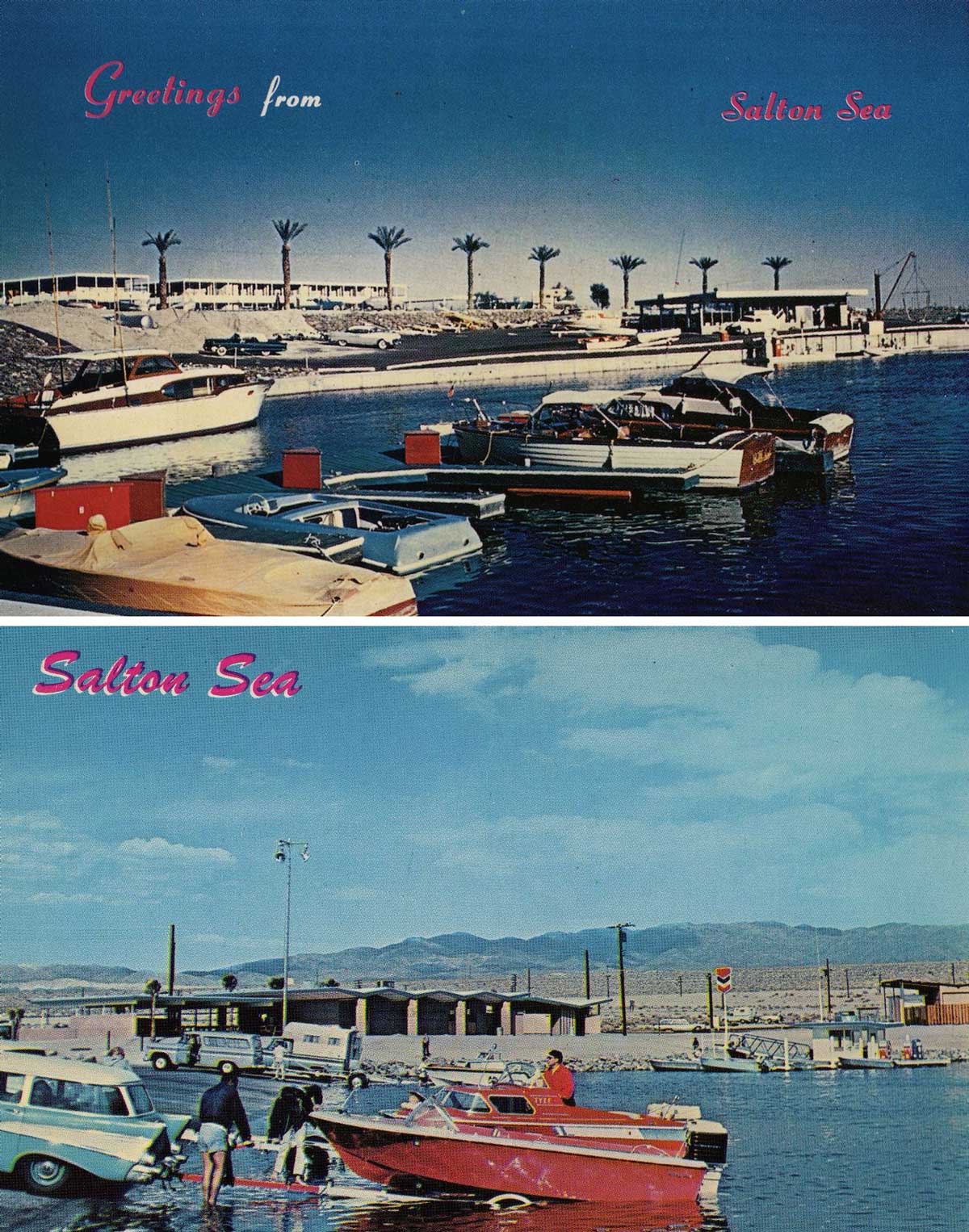 Two vintage postcards feature the Salton Sea: both show boats docked near the shore with cars parked nearby, palm trees, buildings, and mountains in the background. Text reads “Greetings from Salton Sea” and “Salton Sea.”