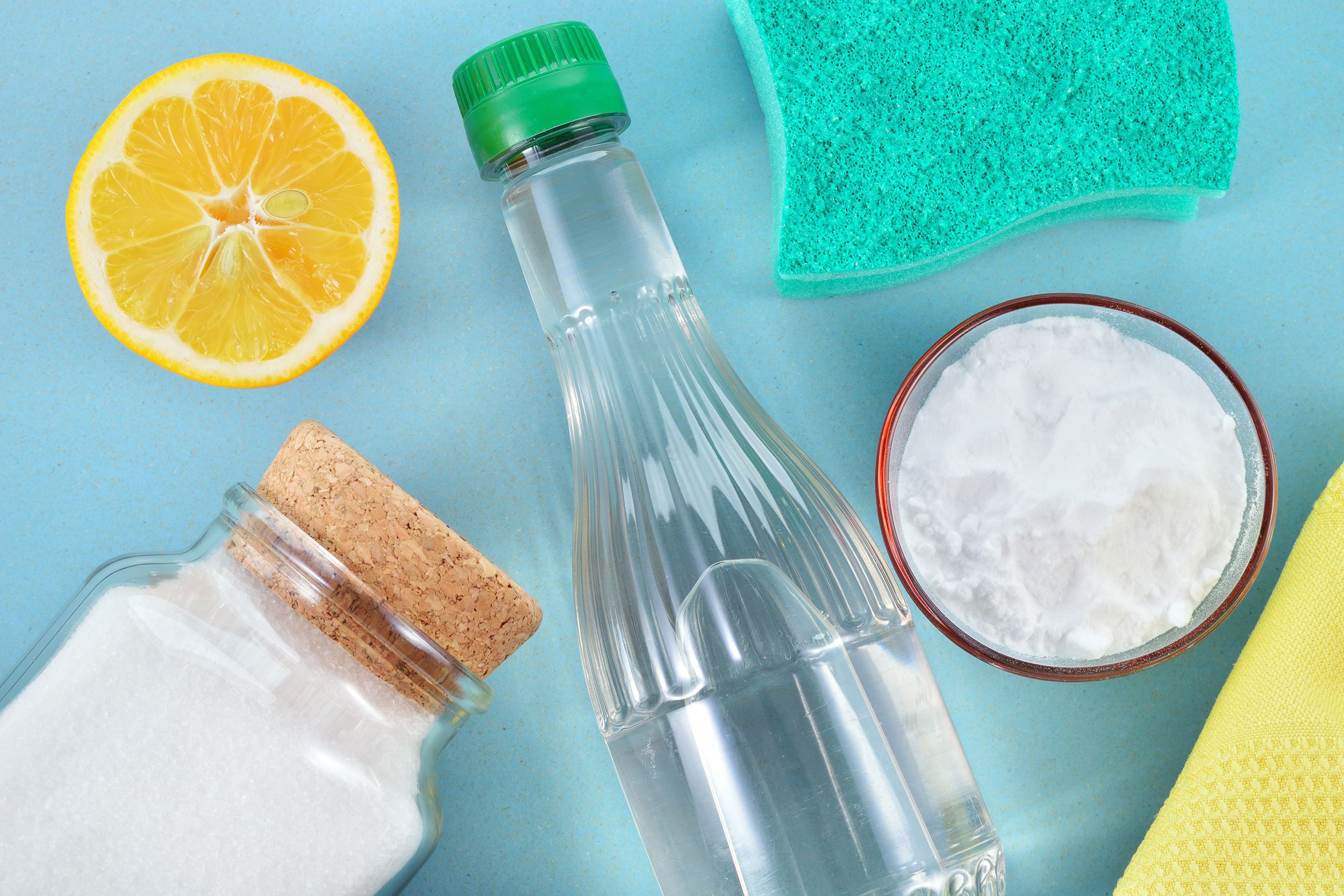 vinegar, baking soda, salt, lemon, and cloth
