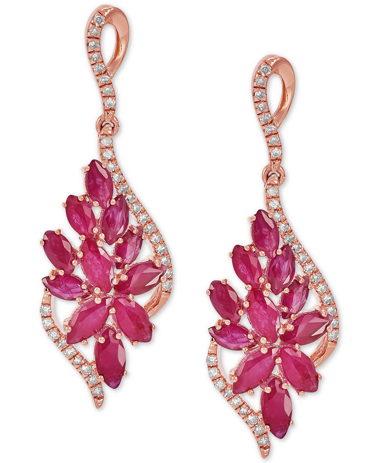Ruby & Diamond Floral Cluster Drop Earrings