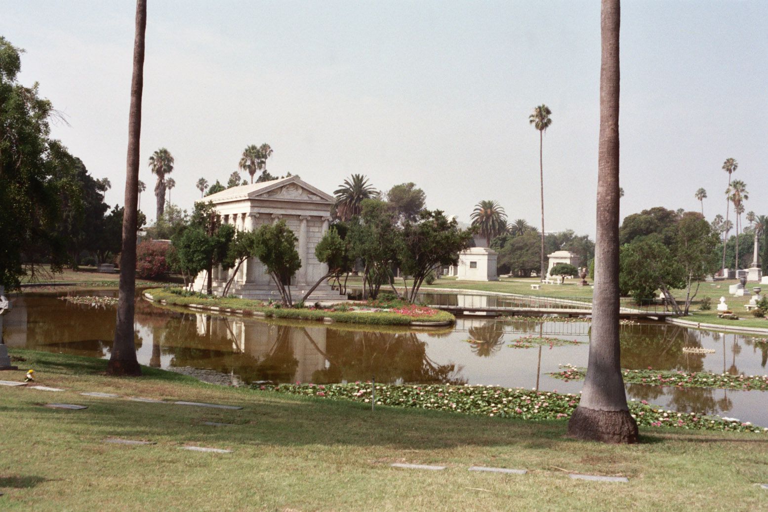 A peaceful cemetery garden with a white stone mausoleum by a reflective pond, surrounded by green grass, palm trees, and flowering plants under a hazy sky.